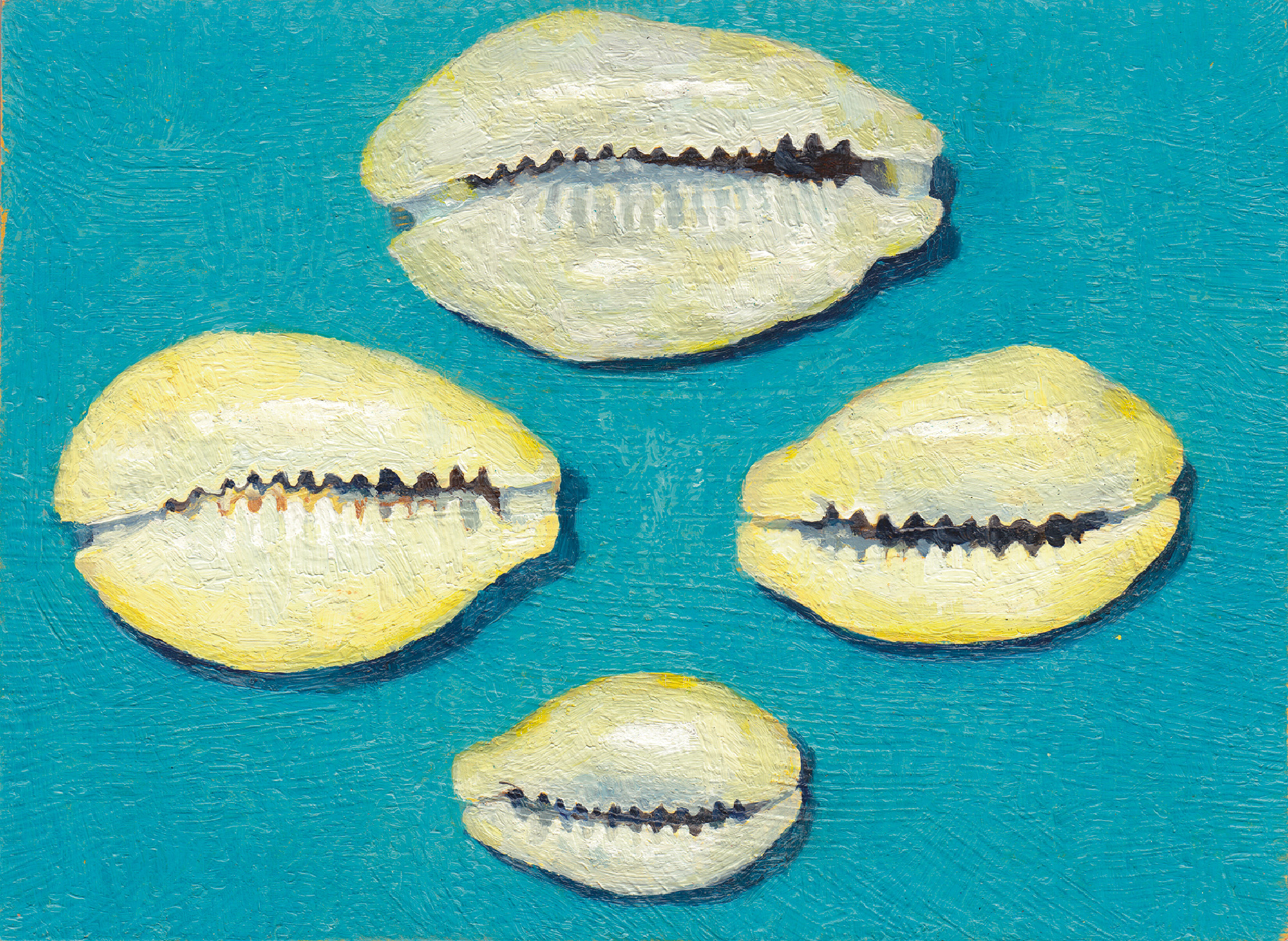 A two thousand and thirteen painting of four cowrie money shells by Conrad Bakker from his project titled “Untitled Project: eBay, Cypraea moneta.” 