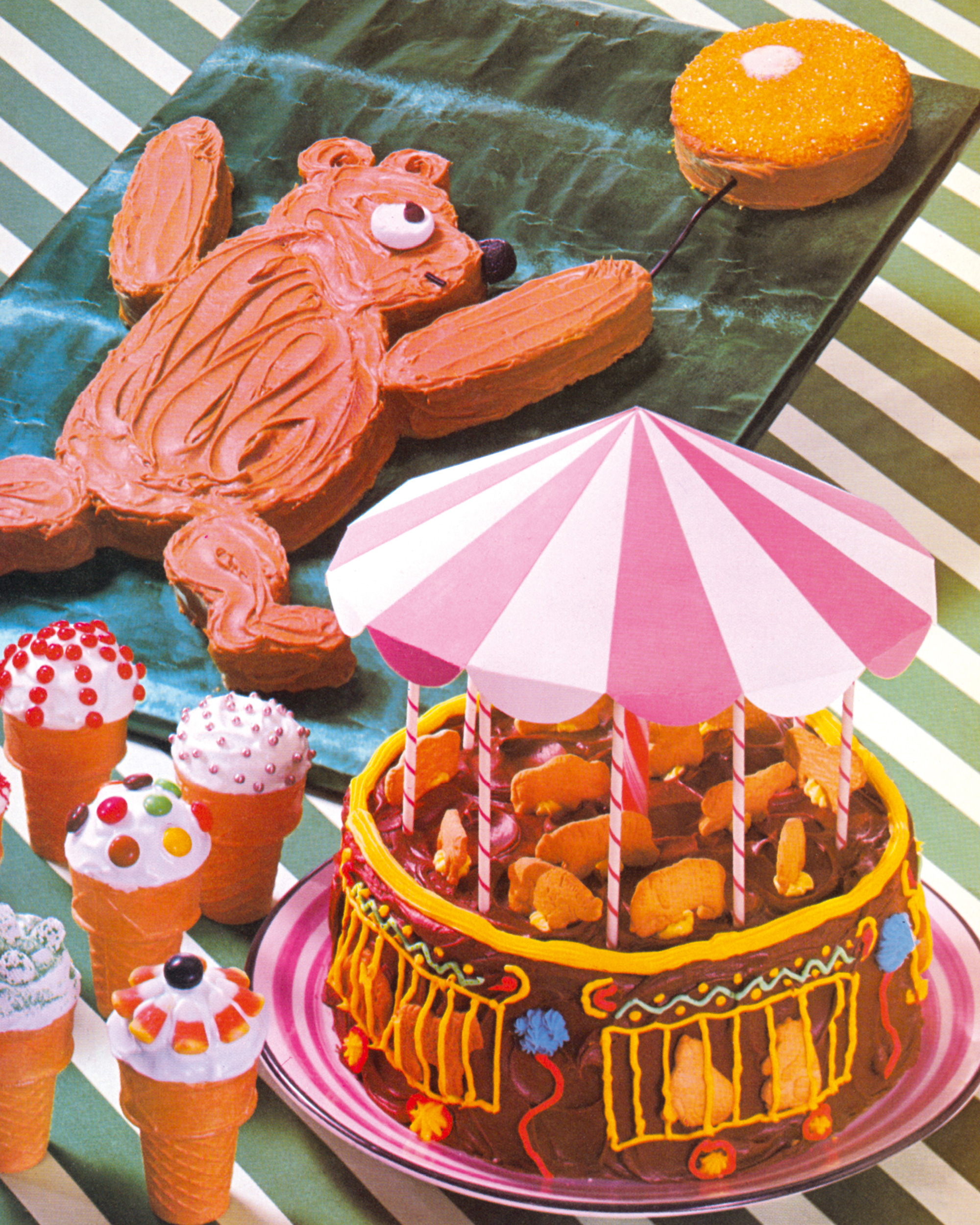 A photograph of cakes in the shape of a bear, ice creams, and a merry-go-round from Betty Crocker’s nineteen sixty-six “Cake and Frosting Mix Cookbook.”