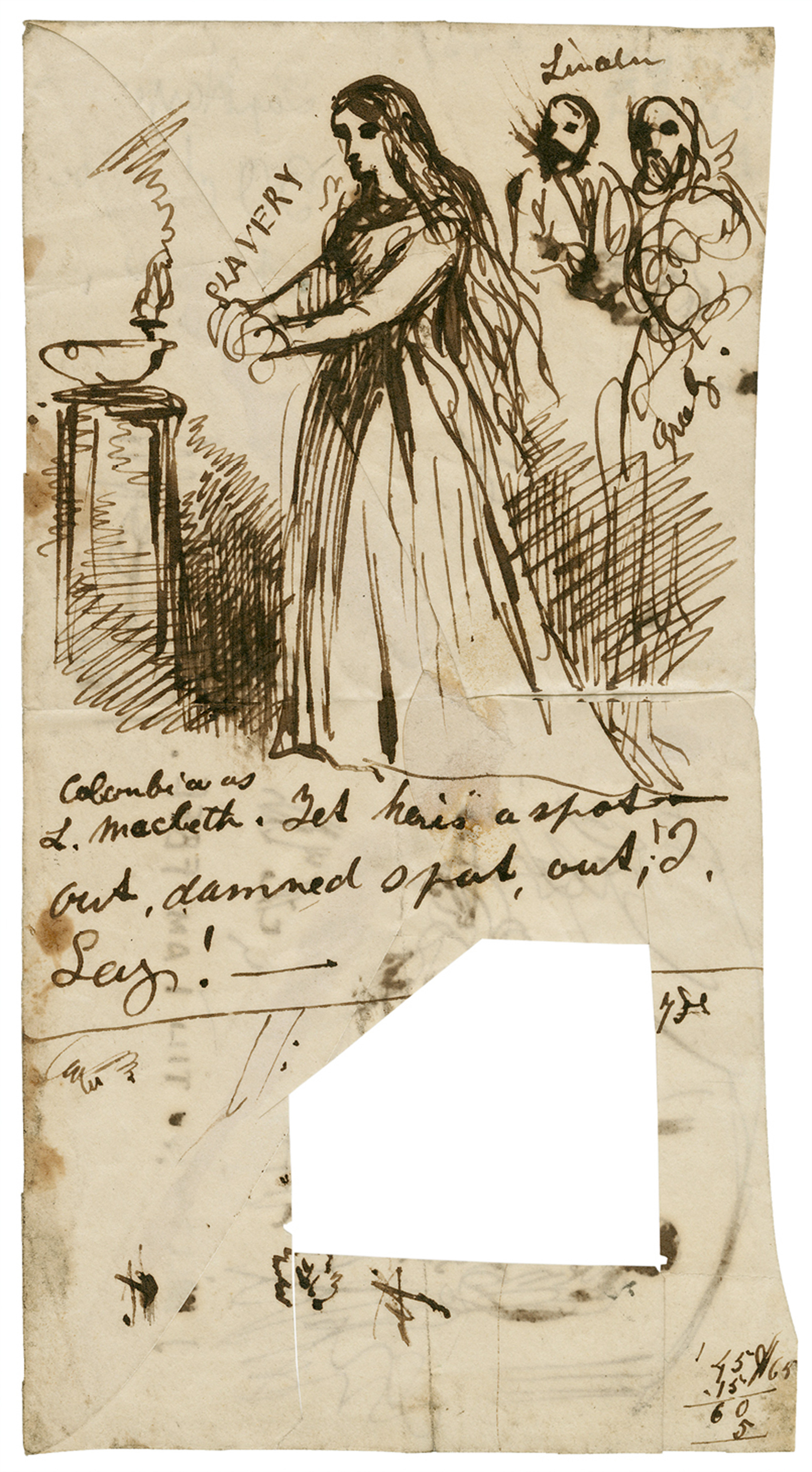 An ink drawing of Lady Macbeth scrubbing at the ineradicable stain, here labeled as “slavery.” Lincoln and Greeley are sketched in the background, transforming the scene of her eternal guilt into an allegory for America’s inability to wash away the sins of slavery. 