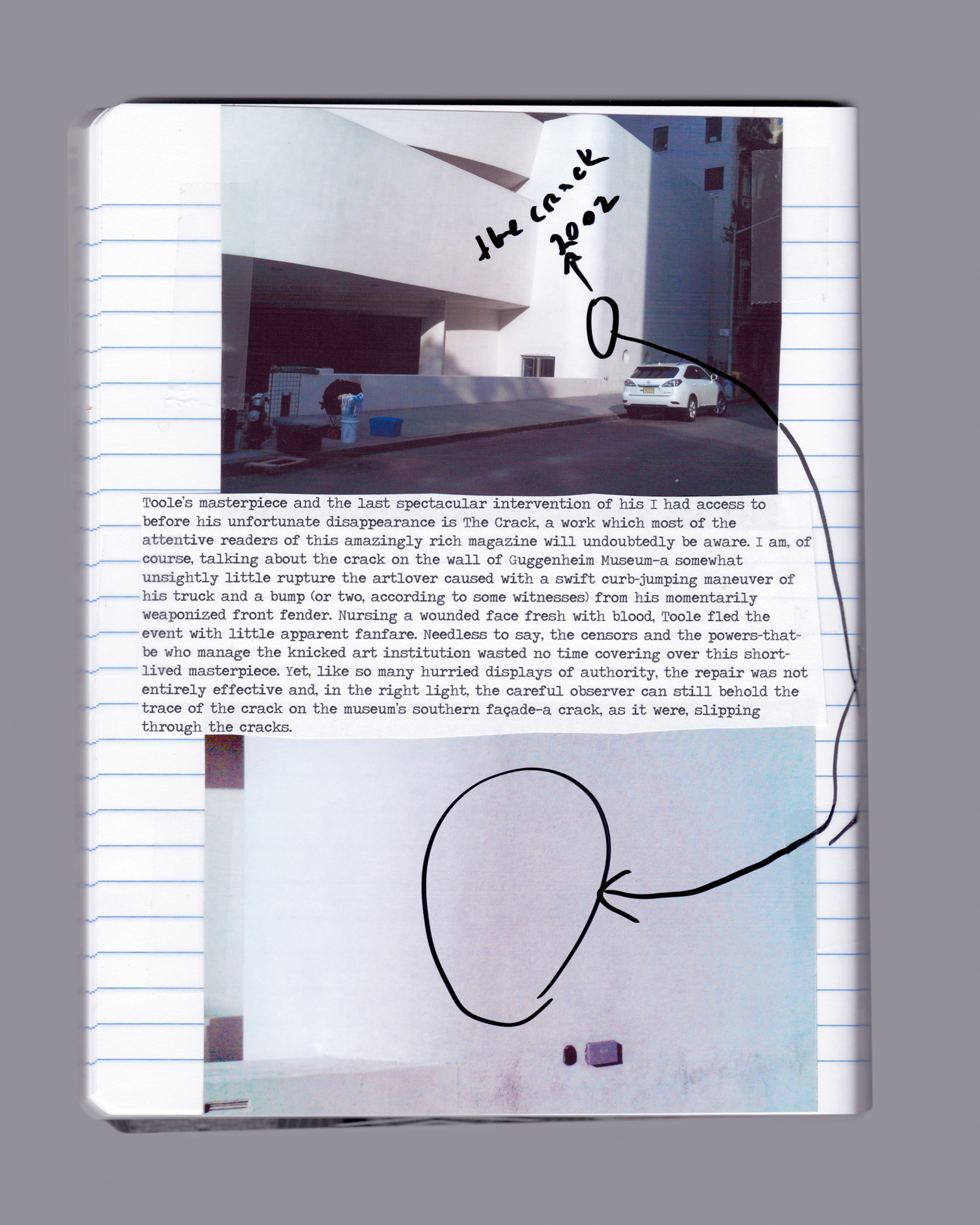 A scan of a notebook from Serkan Ozkaya‘s series titled “The Artlover: Searching for Steven Toole.”