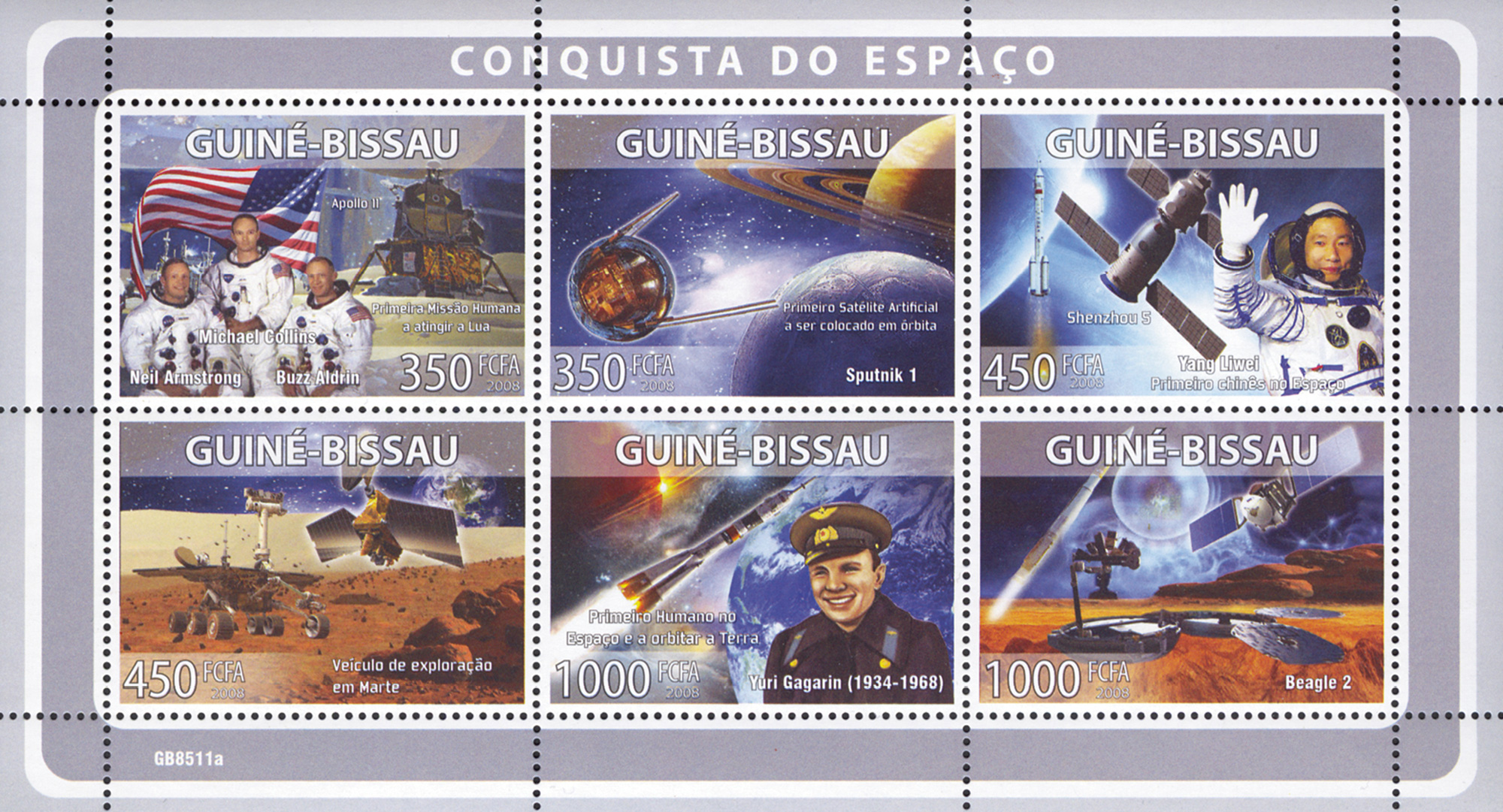 Six two thousand and eight Guinea-Bissau stamps celebrating the conquest of space.