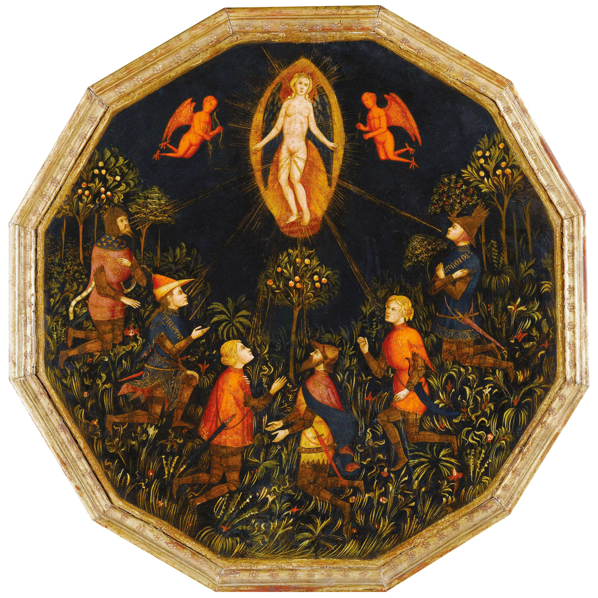 A circa fourteen hundred Italian birth tray depicting Venus radiating rays of light, by Master of Charles of Durazzo. 