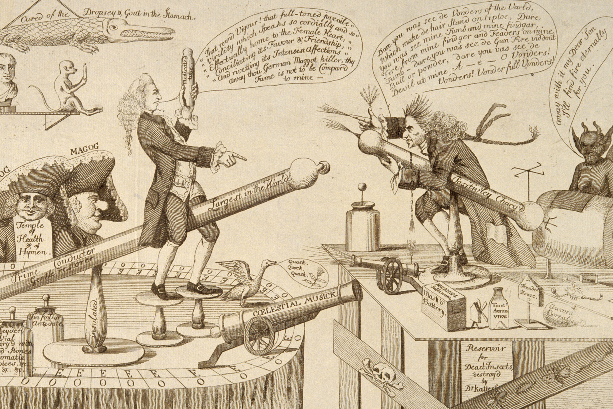 A seventeen eighty-three etching depicting a battle between James Graham and Gustavus Katterfelto, an itinerant Prussian conjurer and medical charlatan who lived in England during the last quarter of the eighteenth century. As the squawking duck at their feet suggests, the men were among the most infamous quacks of their day. 