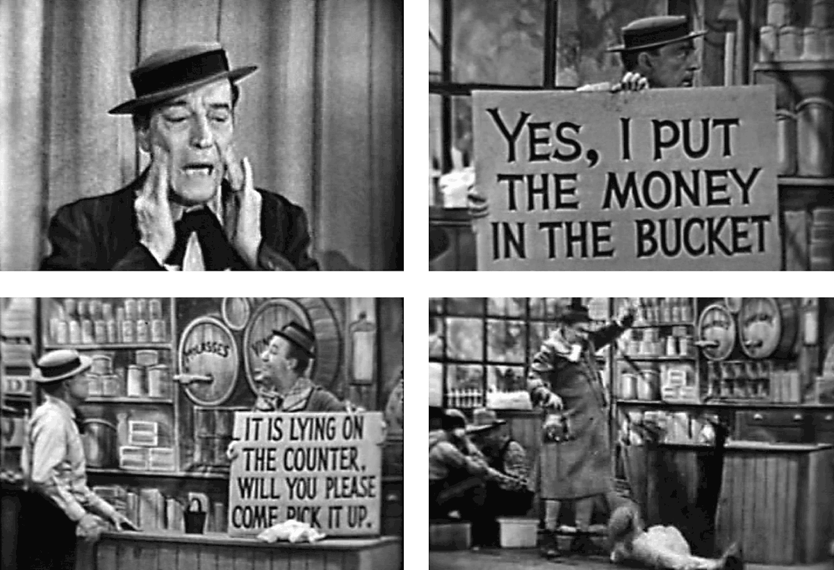 Four stills from Buster Keaton on The Ed Wynn Show on the 9th of December nineteen forty-nine.