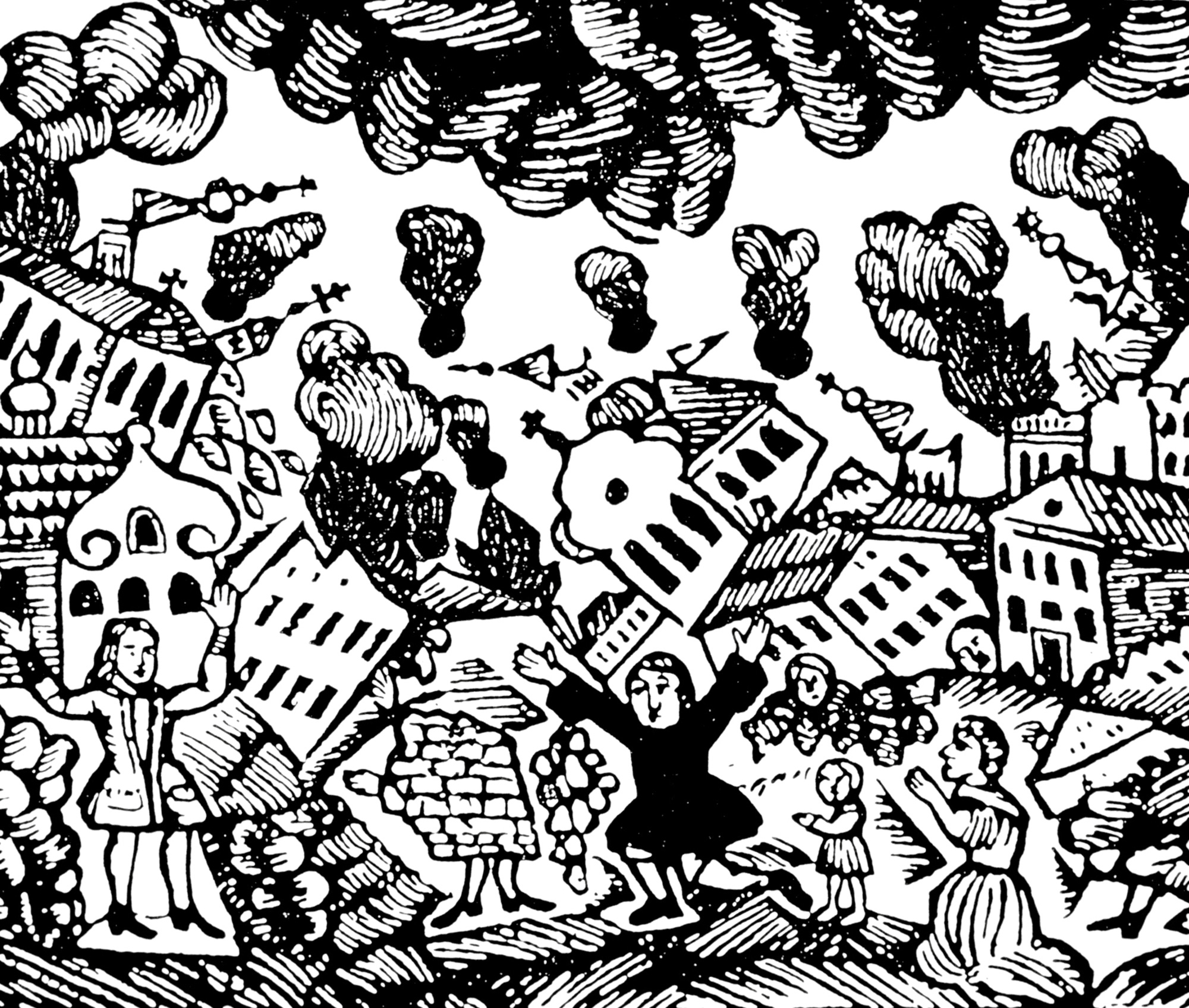 A seventeen fifty-five woodcut from broadside printed in Litomysl, Bohemia, depicting the Lisbon earthquake.