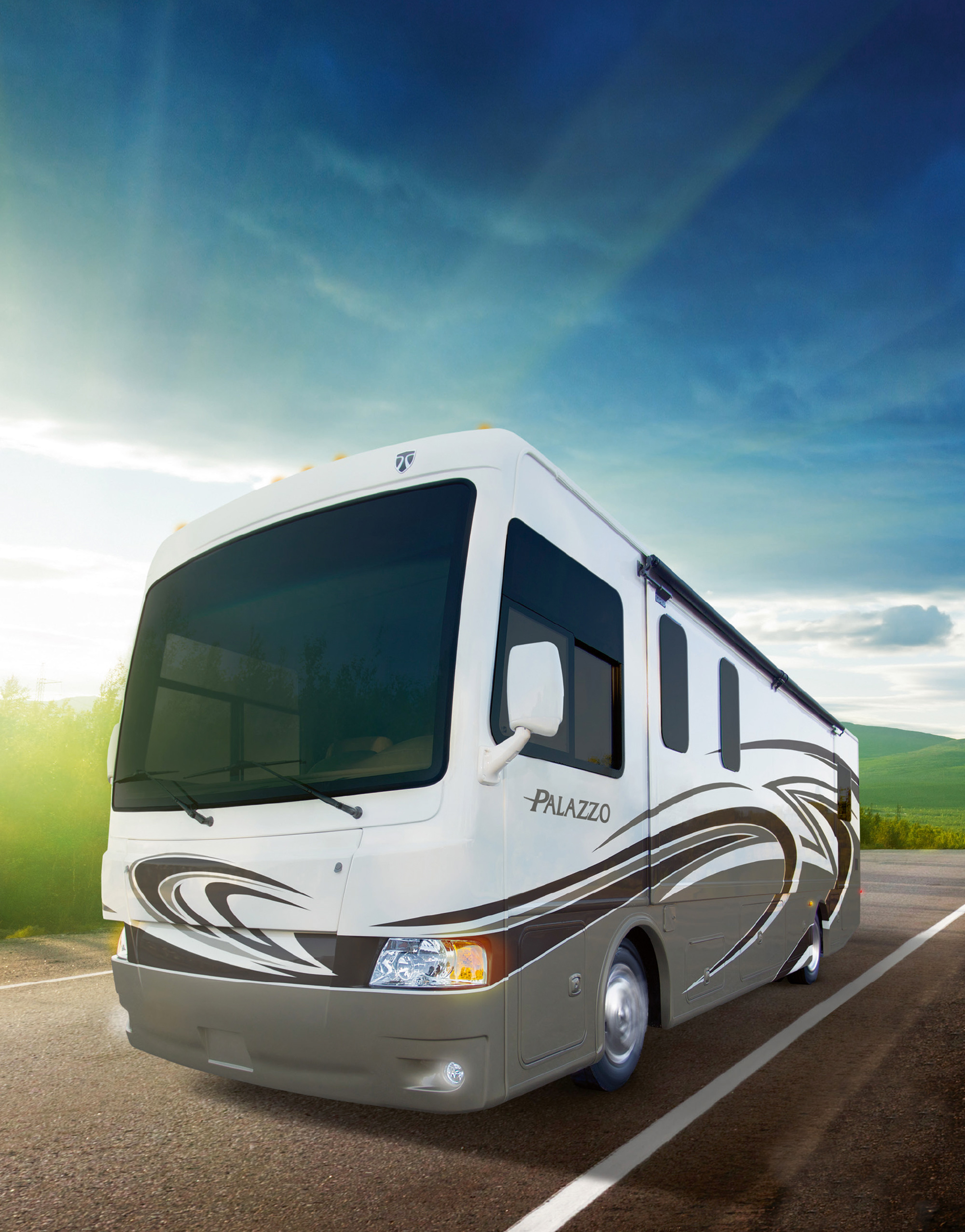 A rendering of Thor Motor Coach’s Palazzo vehicle on the road.