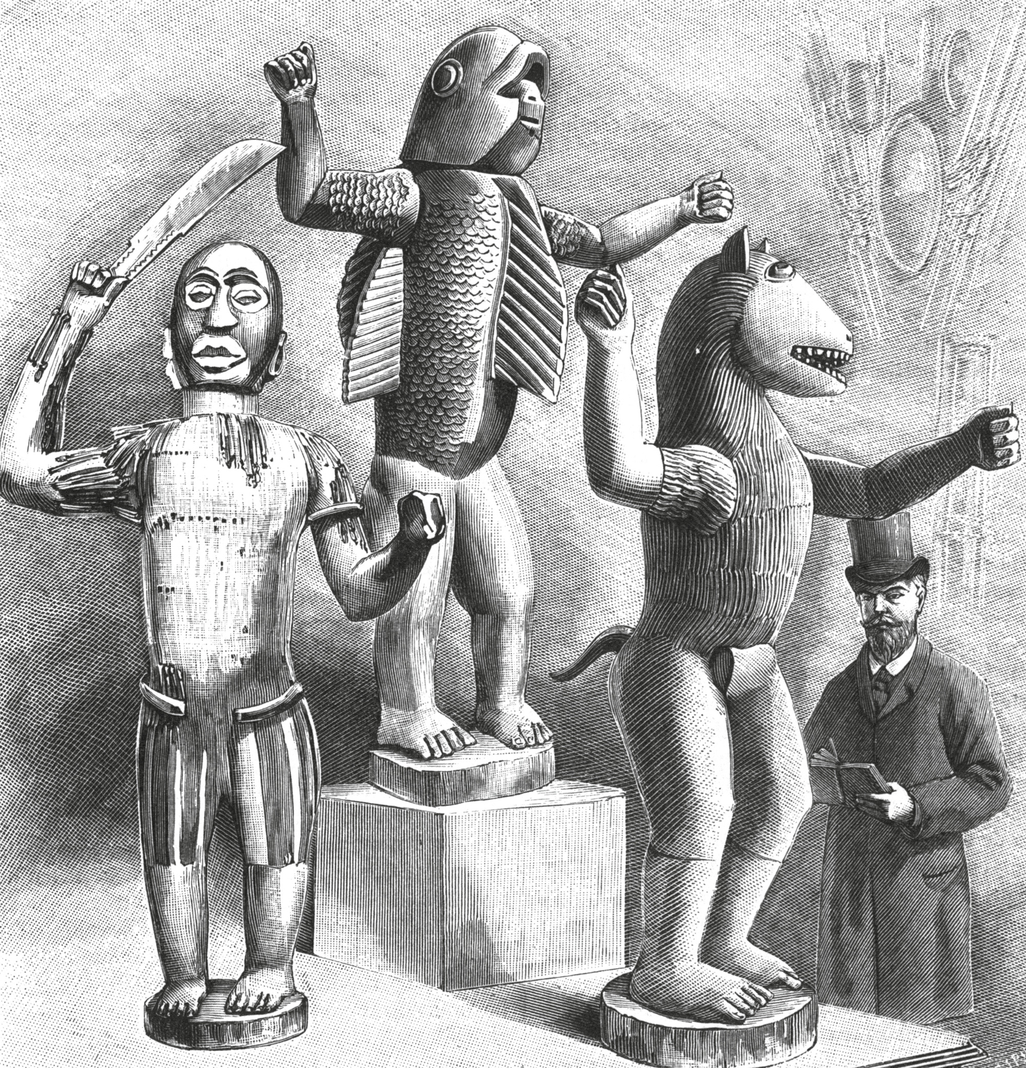 An Illustration of Bocio depicting the Dahomean kings Guezo, Glele, and Béhanzin exhibited in Paris at the Musée d’Ethnographie du Trocadéro. Illustration from “La Nature,” volume 22, number 1086, eighteen ninety-four.