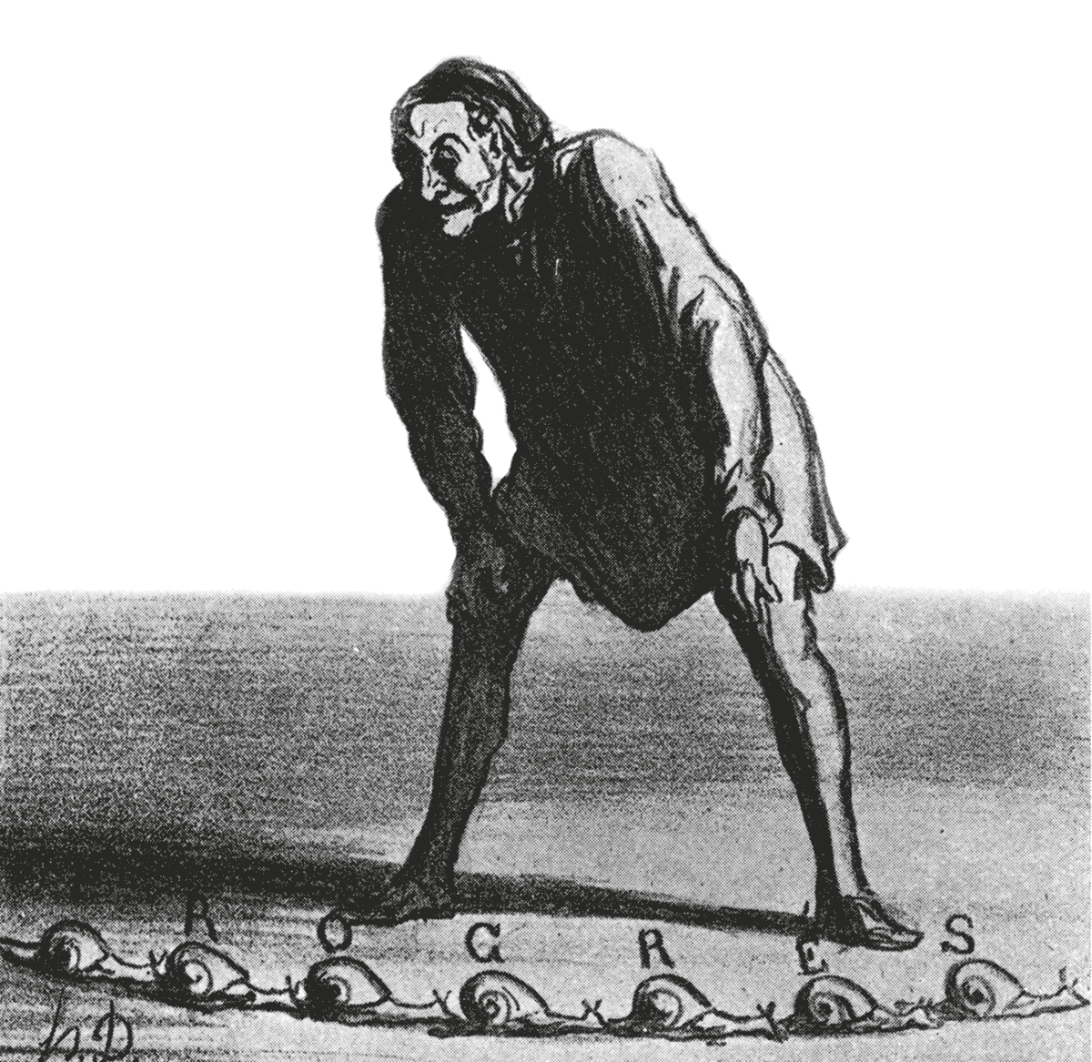 An illustration by Honoré Daumier titled “Les escargots non sympathiques” published in Le Charivari, 25 September eighteen sixty-nine. Nineteen years after Jules Allix’s article, the trope of “sympathetic snails” had retained enough currency to be used as the title of this cartoon. Where Allix’s sympathetic snails had promised a world of instantaneous communication, a trail of non-sympathetic snails in this illustration, shown under the word “Progres”, represents the slow progress of social reforms promised by the Second Empire to workers like the one depicted in Daumier’s drawing.