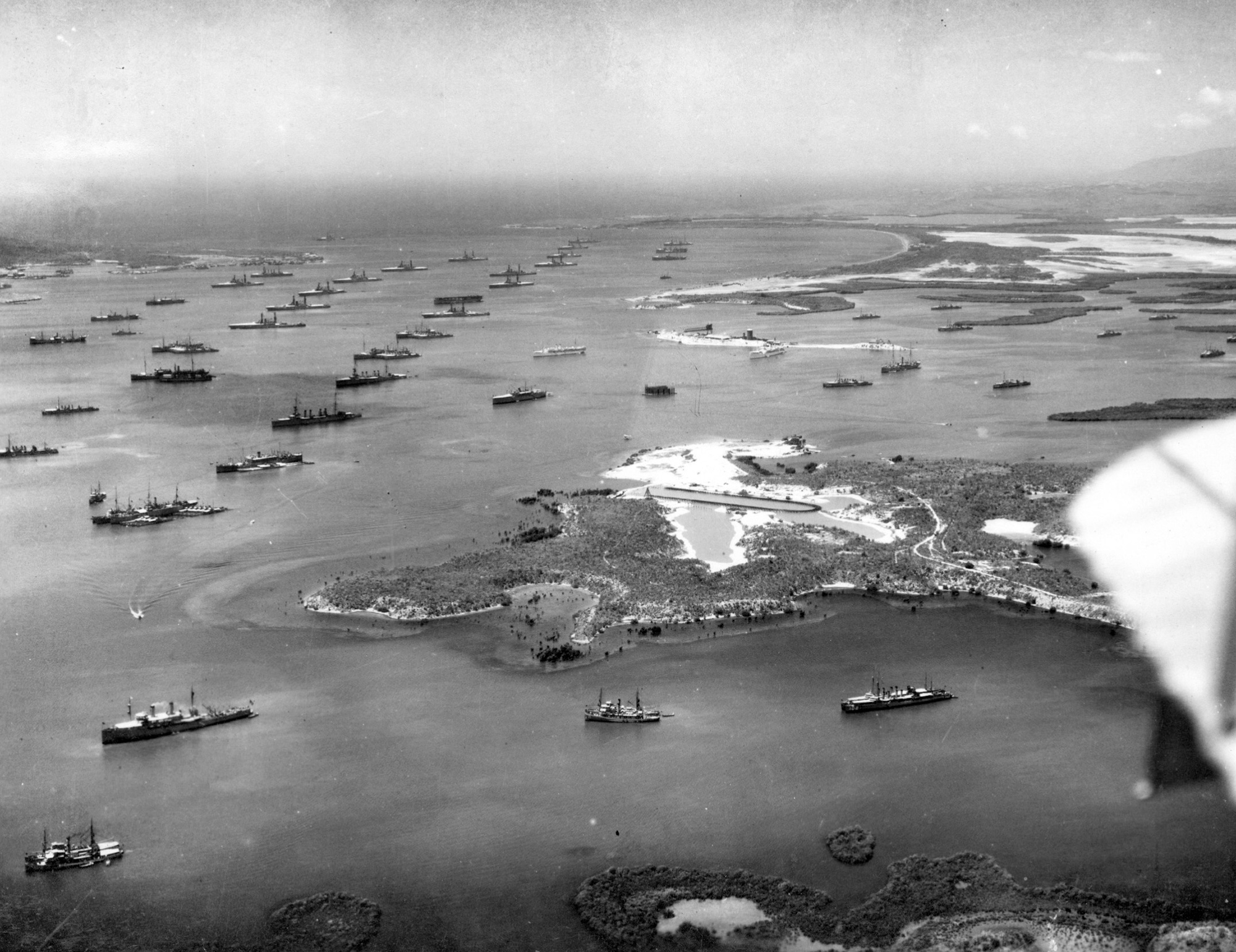 A nineteen twenty-seven aerial photograph of the United States fleet stationed at Guantánamo Bay.