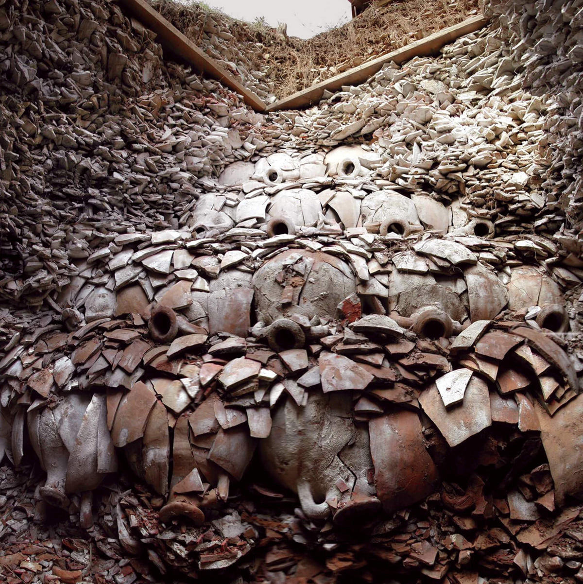 A photograph of broken olive oil amphorae at Rome’s Monte Testaccio, known as “The Hill of Shards.”