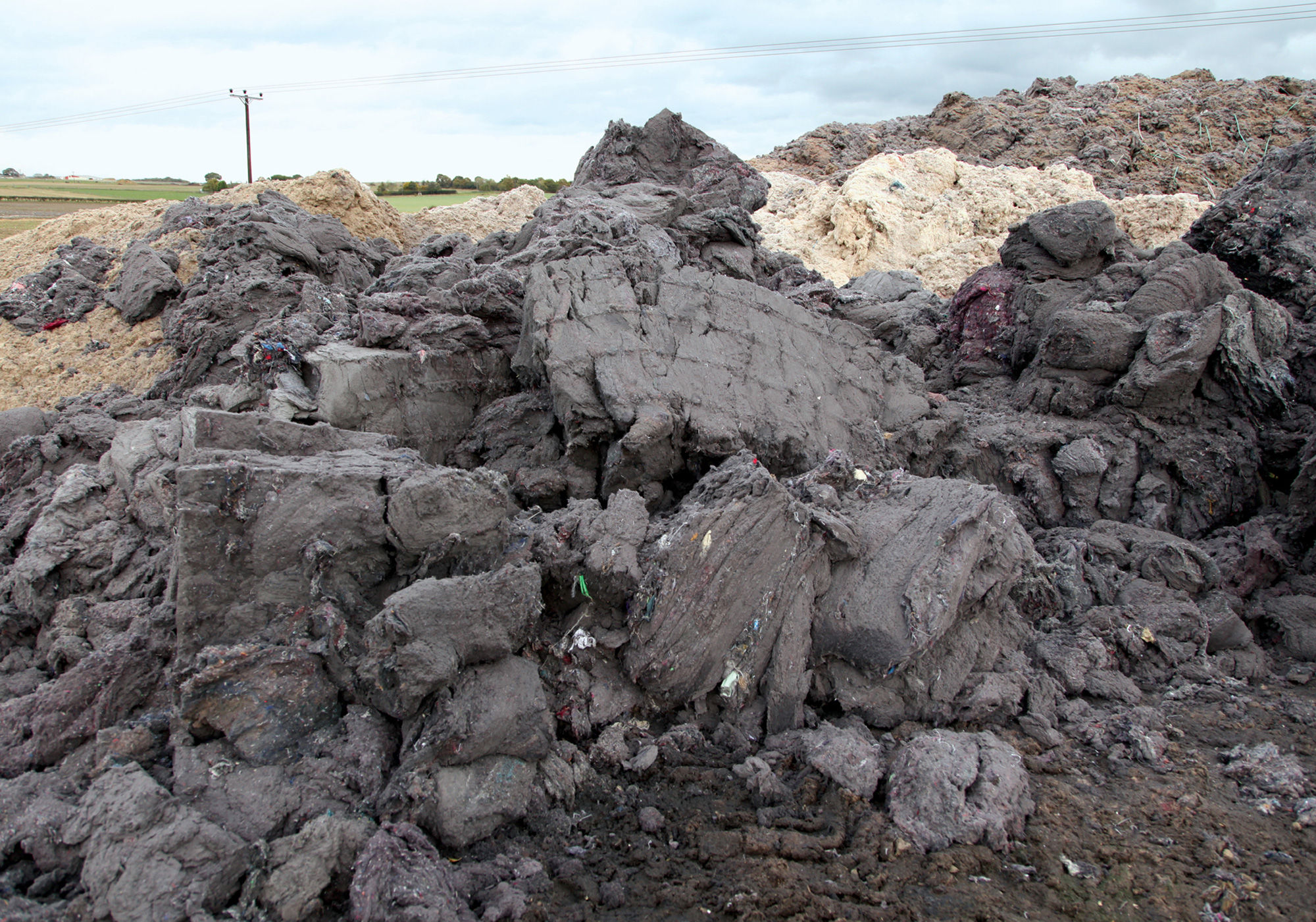 A photograph of several piles of dirty shoddy wool.
