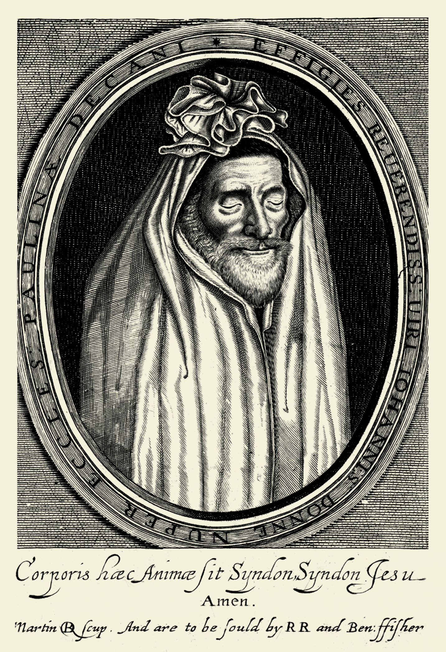 An engraved illustration of John Donne as a corpse. This engraving was based on a portrait that an ailing Donne commissioned of himself in sixteen thirty one, and was used as the frontispiece for the sixteen thirty two edition of Deaths Duell. 