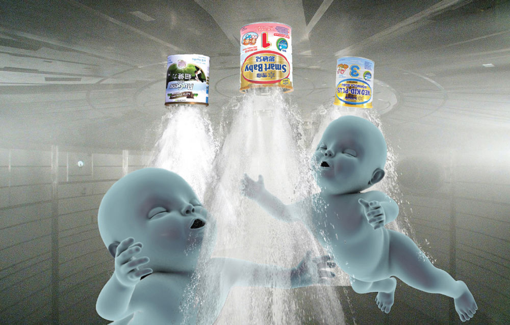 A production still from Melanie Jackson’s twenty eighteen “Deeper in the Pyramid,” depicting two baby figures being showered with substances labeled “smart baby,” “nu gene,” and “neo kids plus” inside a futuristic, industrial steel space.