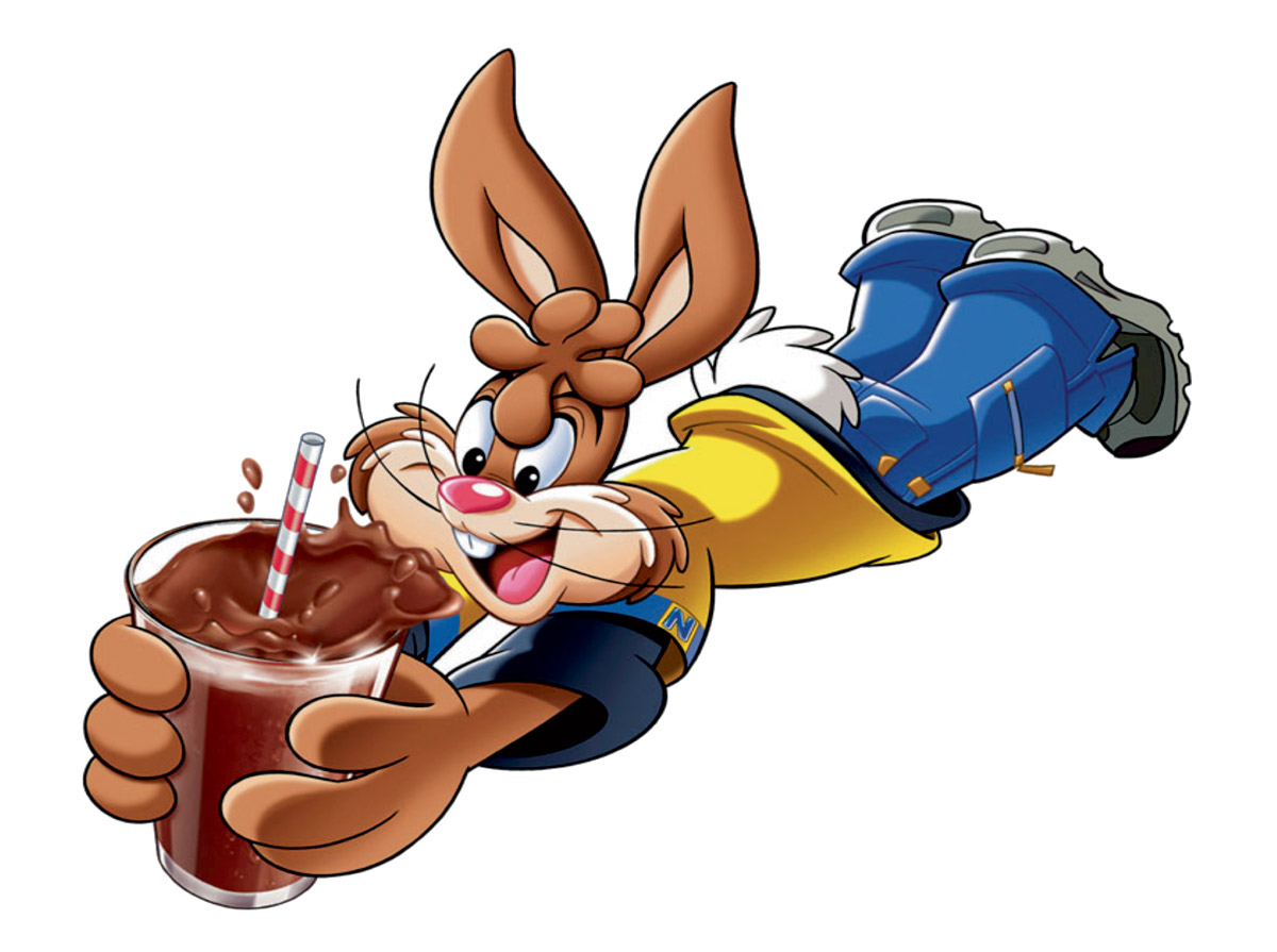 An image of the eager Nesquik bunny with a glass of chocolate milk.