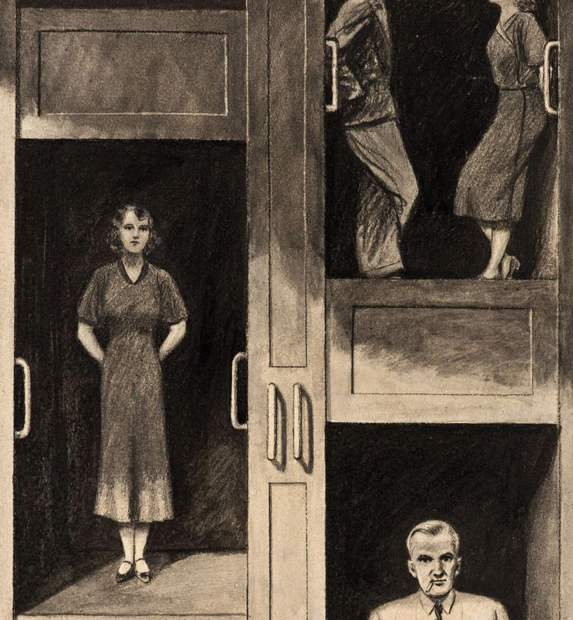 A nineteen twenty eight illustration of a paternoster elevator in use by various individuals.