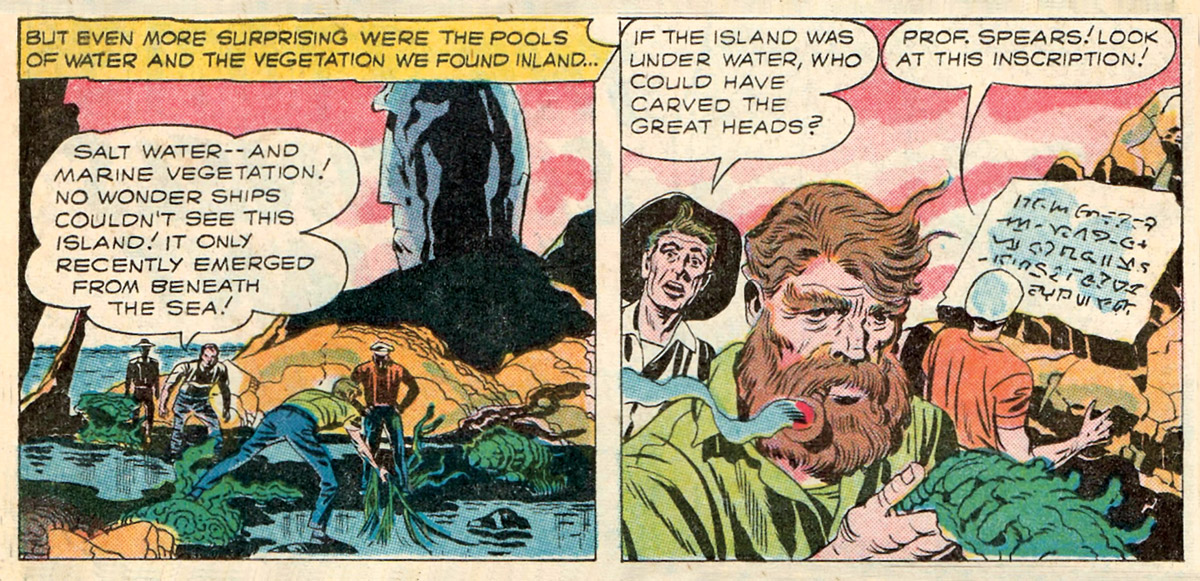 A spread from the nineteen seventy one reissue of “The Stone Sentinels of Giant Island,” from the DC Comics series “House of Mystery.” In the comic, Professor Spears solves the riddle of rongorongo based on nearby tablet inscriptions.