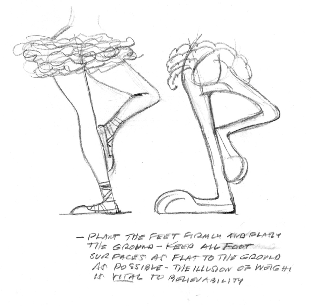 A drawing of a ballerina's legs next to Bugs Bunny's legs, in identical position. A caption reads, 