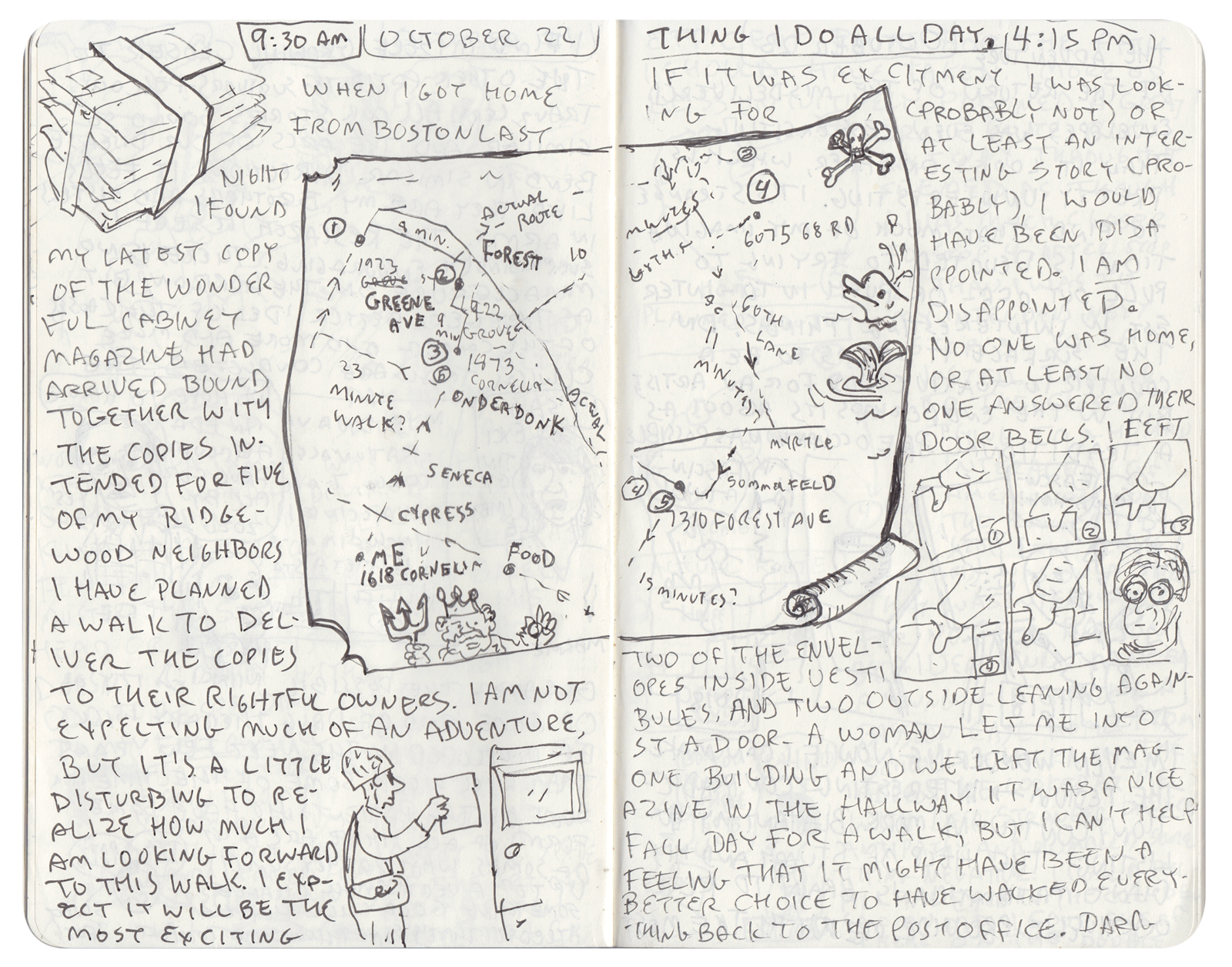 A spread of a diary from October twenty second describing the author’s subscription delivery journey. Included in the pages are various doodles and a map of the addresses visited.