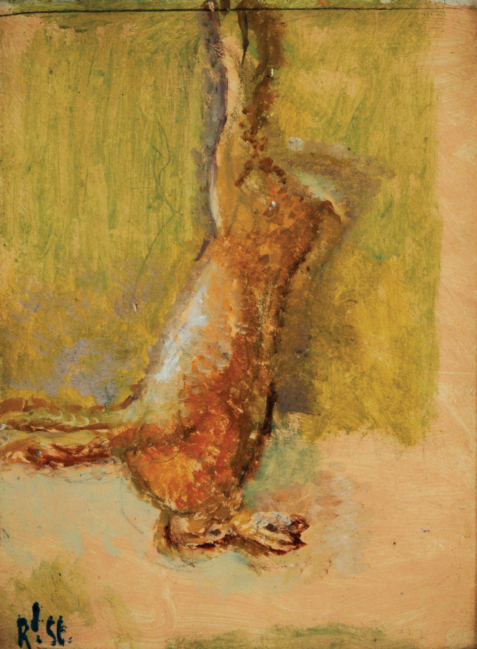 The undated painting “Dead Hare” by Walter Sickert, depicting an impressionist representation of a dead hare hung by its legs.