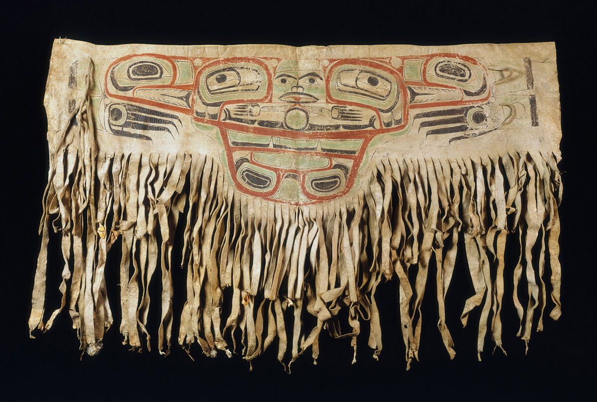 A photograph of a Tlingit shaman’s dance apron from the Pacific Northwest. The garment—made some time before nineteen oh eight—depicted, according to its original collector, a mosquito from the shaman’s dream.