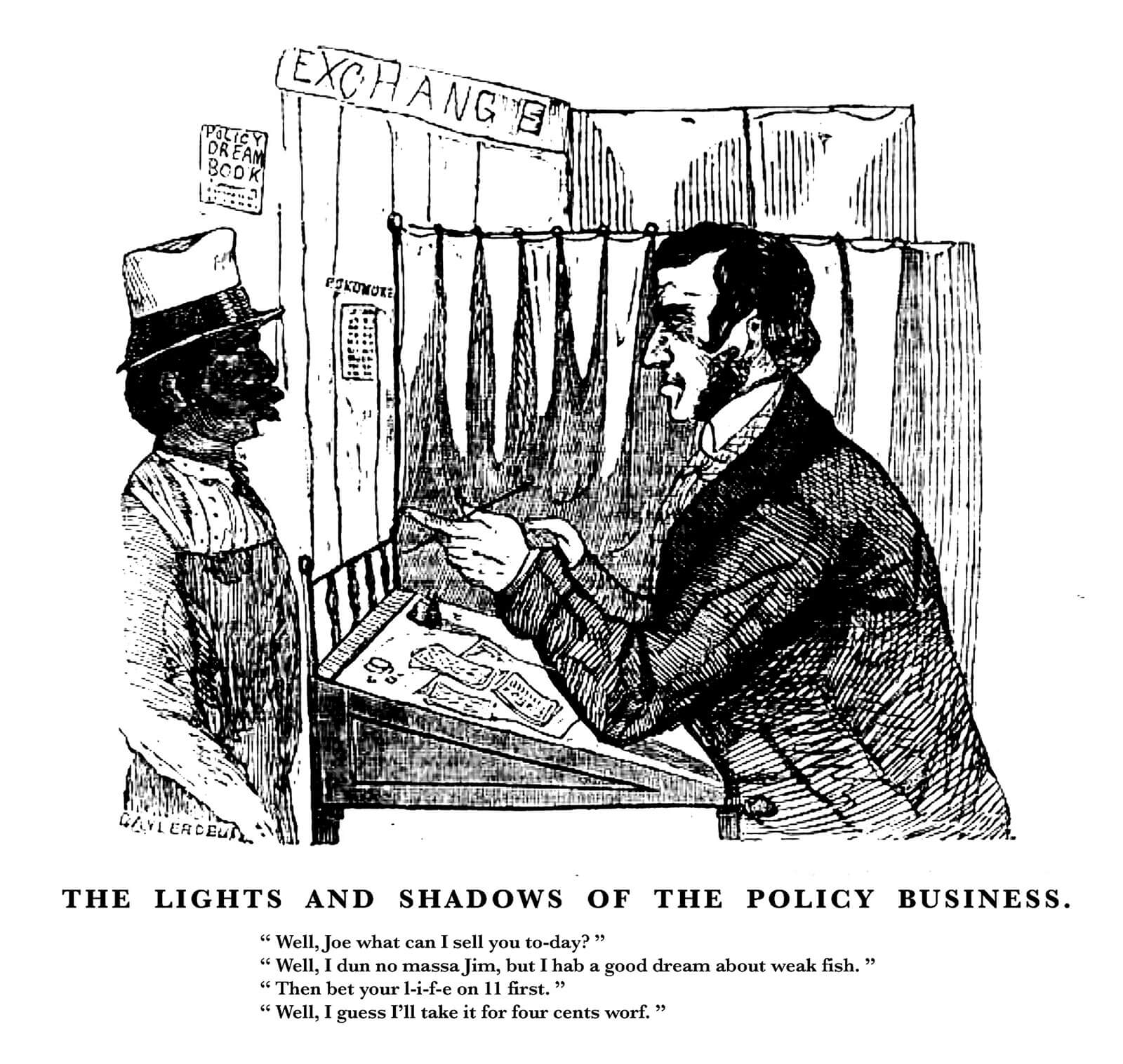 A page from the National Police Gazette, 1 July eighteen forty-eight, showing a racist caricature entitled “The Lights and Shadows of the Policy Business.” 