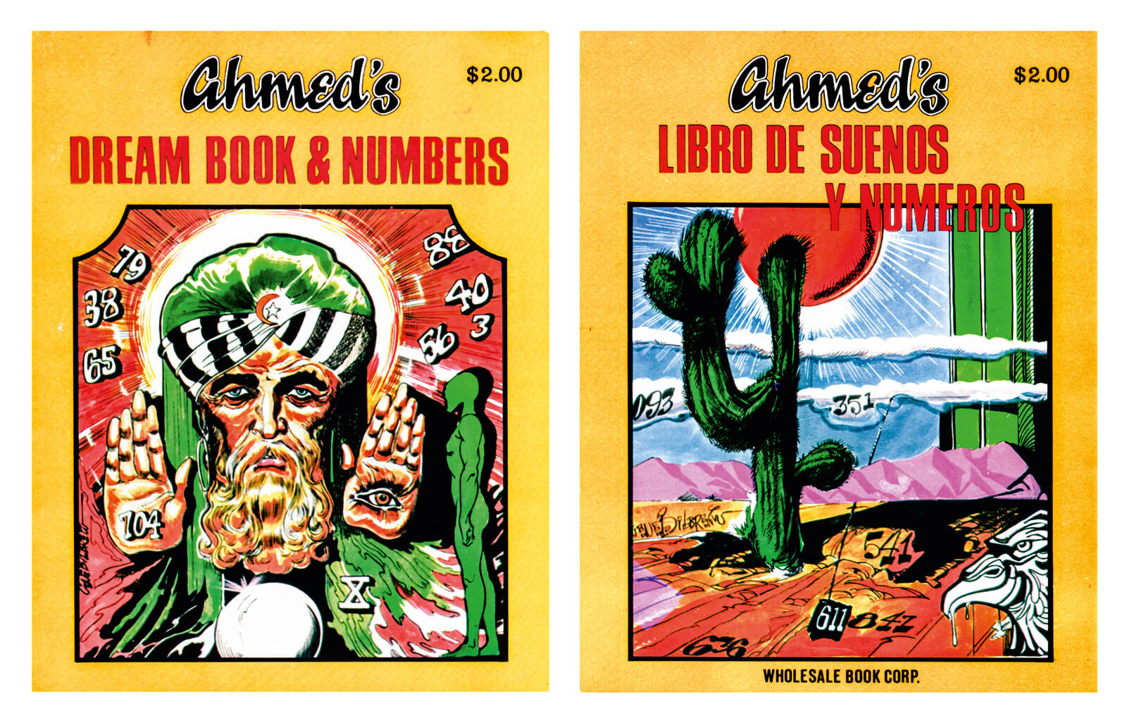 The front and back covers of “Ahmed’s Dream Book & Numbers,” illustrated by the African American fetish cartoonist Eugene Bilbrew. Like many at the time, this nineteen seventy-two volume was offered as a combined English-Spanish edition.