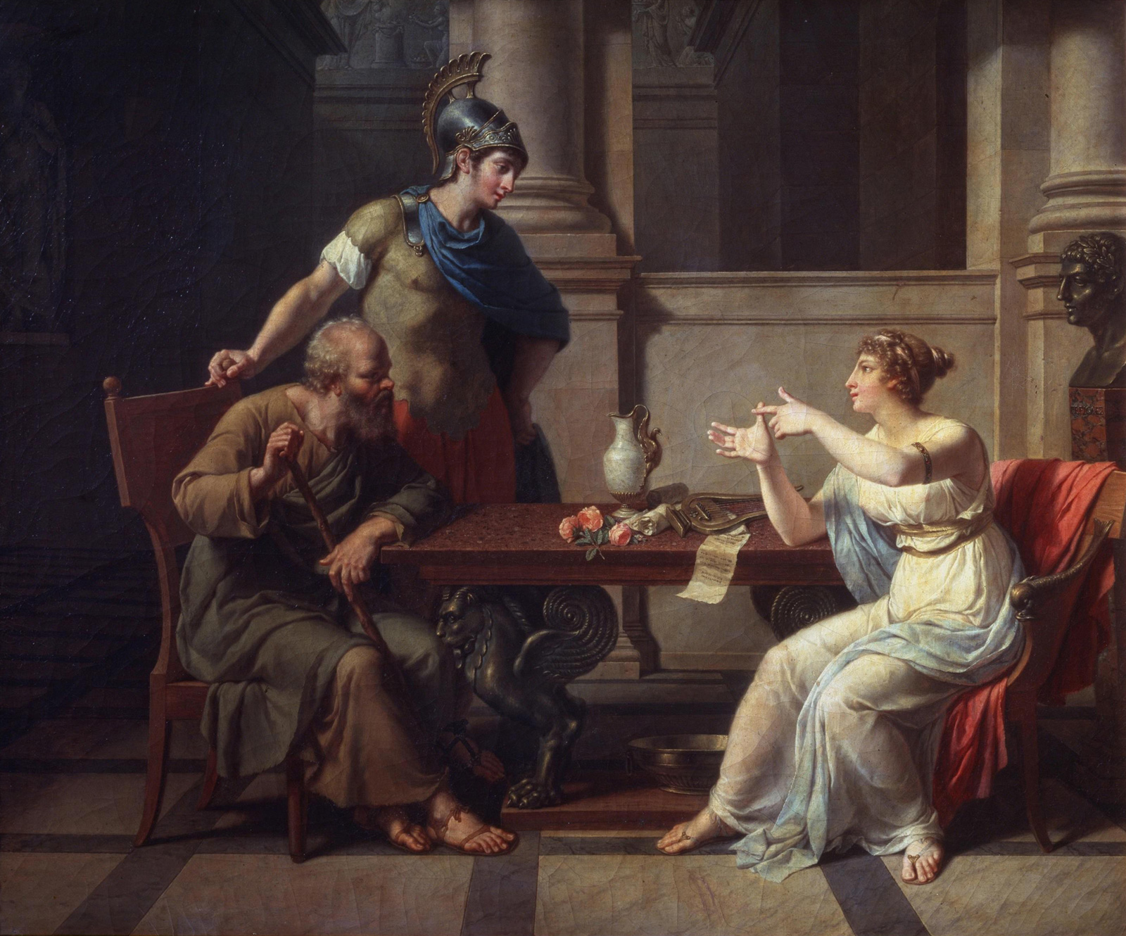 An eighteen oh one painting by Nicolas Monsiaux titled “The Debate of Socrates and Aspasia,” which depicts a conversation between the philosopher and the orator, with Alcibiades standing next to Socrates.