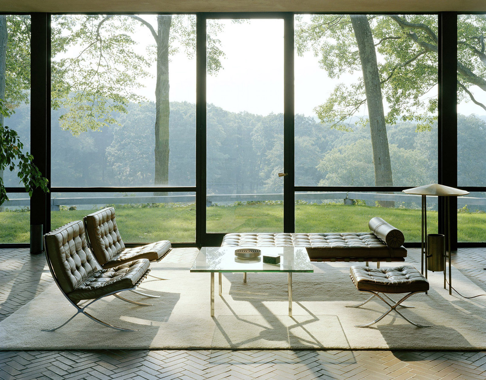 A photograph of the interior of Philip Johnson’s Glass House, where the architect deployed a carpet to indicate a zone of sociability.