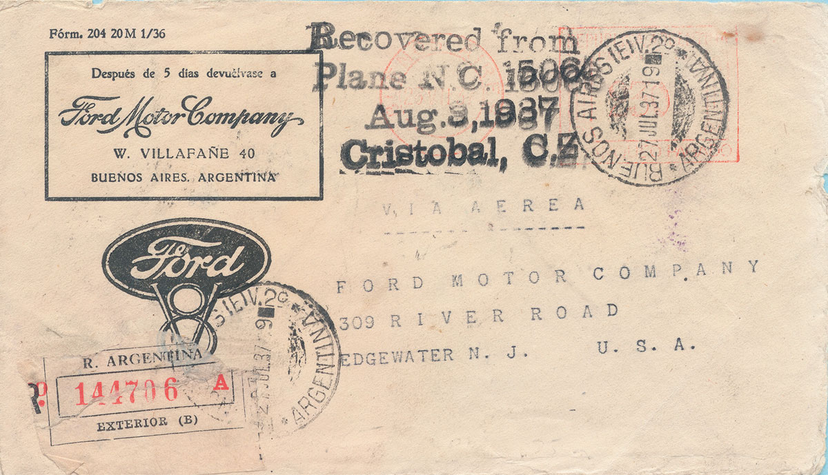 A photograph of a piece of mail recovered from the crash of the Panagra Sikorsky Flying Boat, Mosquito Gulf, Panama, 3 August 1937.