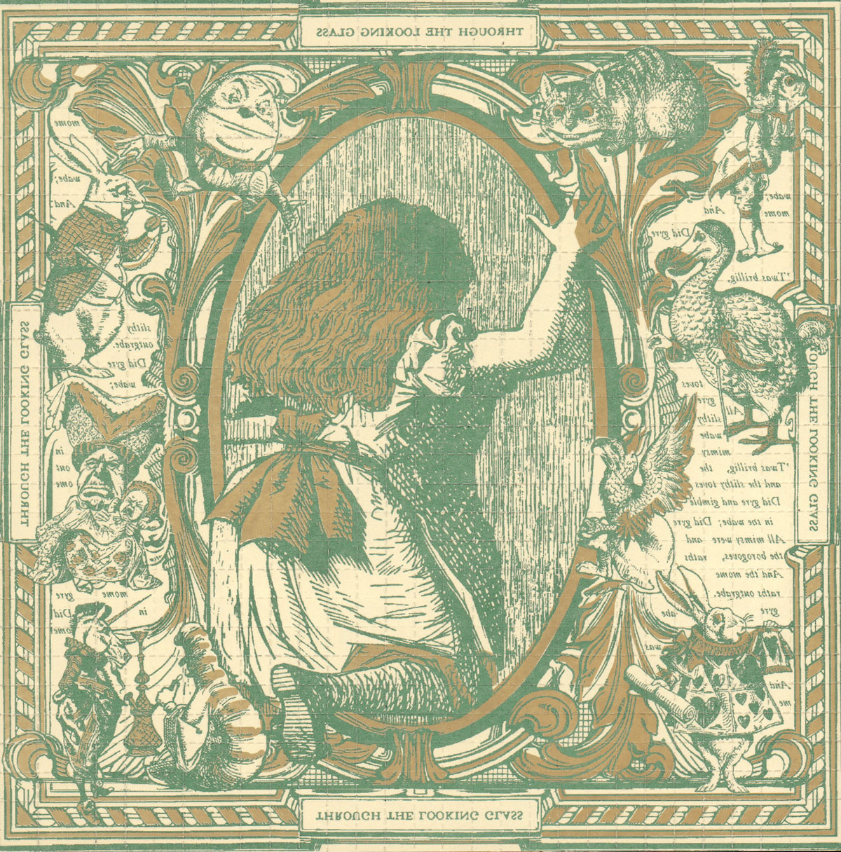The back of a sheet of blotter acid paper featuring a design including characters and text from Lewis Carroll's 