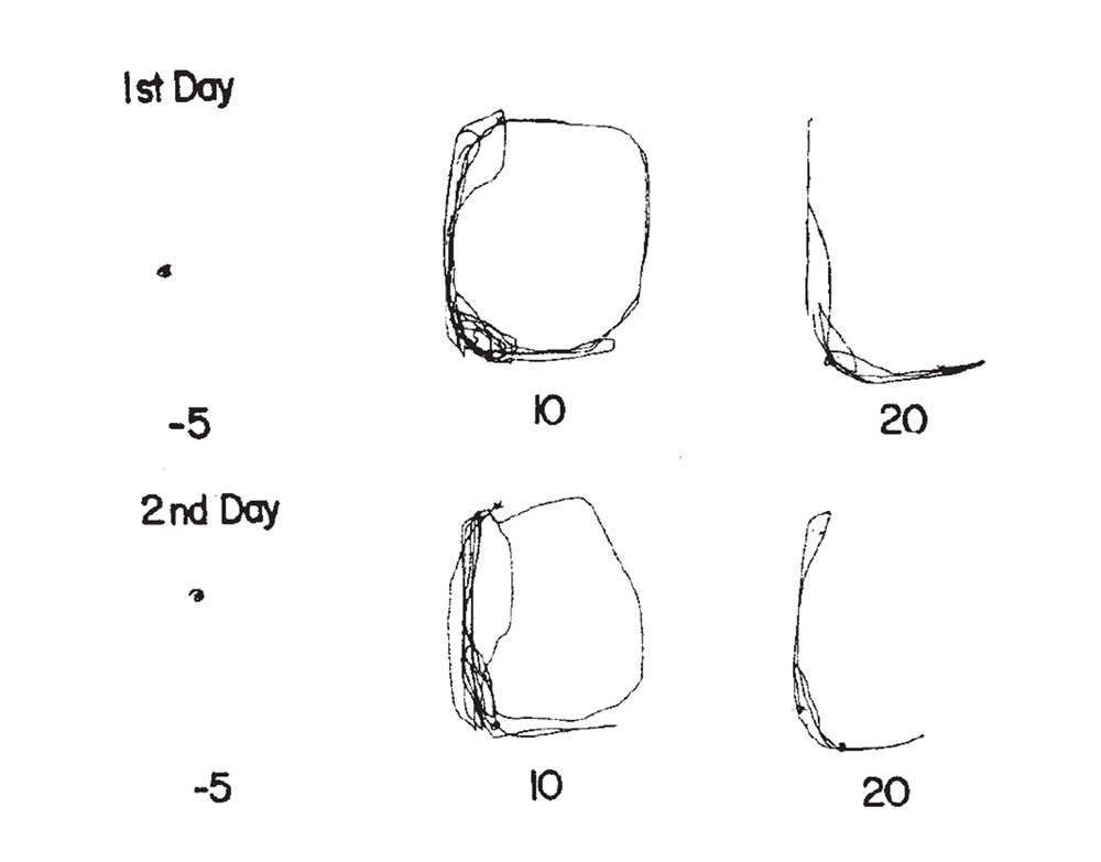 Diagrams of typical Figure-L goat on two days of experiments showing a control run 5 minutes before injection, and patterns made ten and twenty minutes respectively after administration of 15 micrograms of LSD per kilogram of body weight.