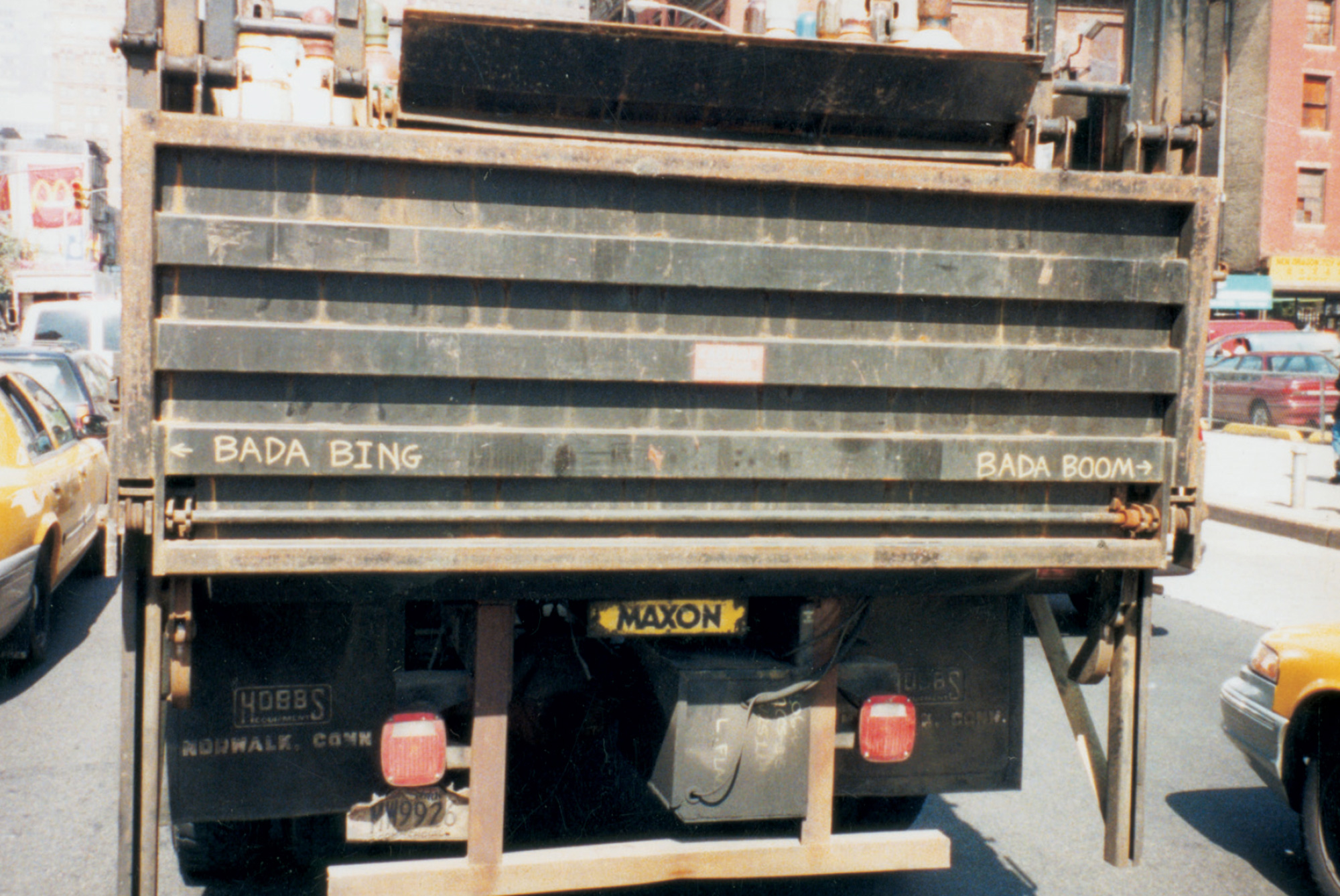 A photo by Joseph Fratesi of the back of a truck with the words 