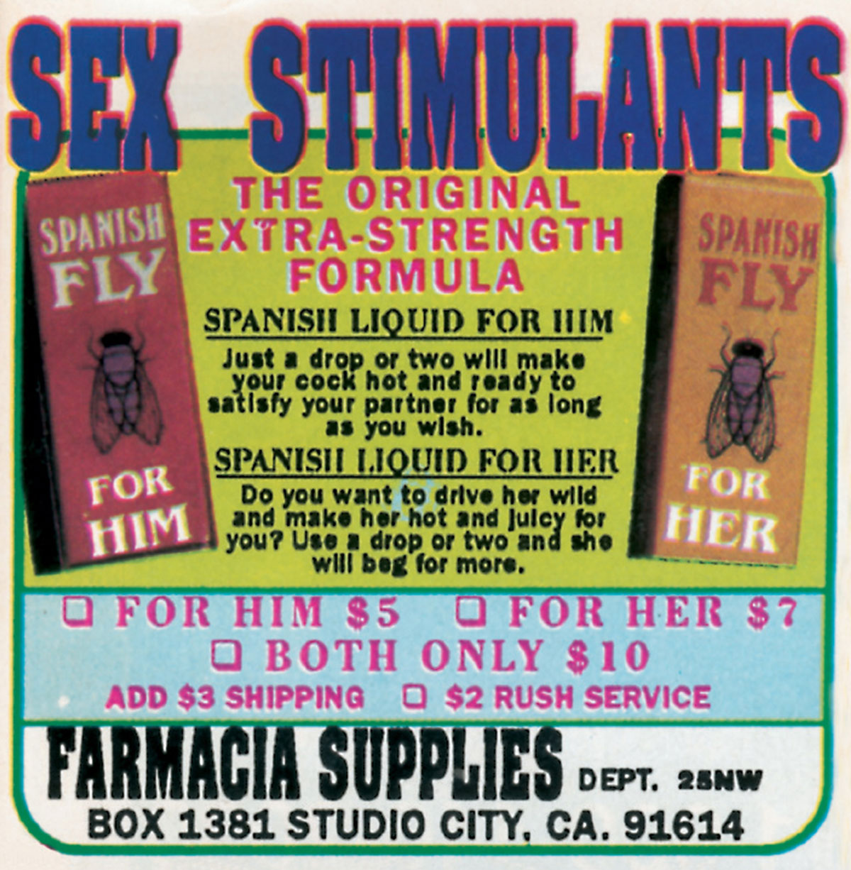 A magazine advertisement featuring Spanish fly for men and women.