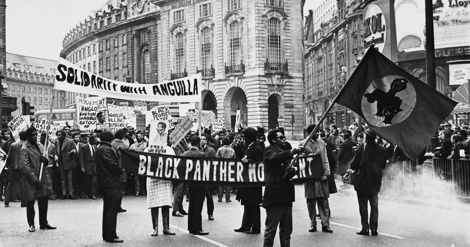 The British Black Panther movement participating in a protest in Piccadilly Circus, London, against the British invasion of Anguilla, 24 March 1969.