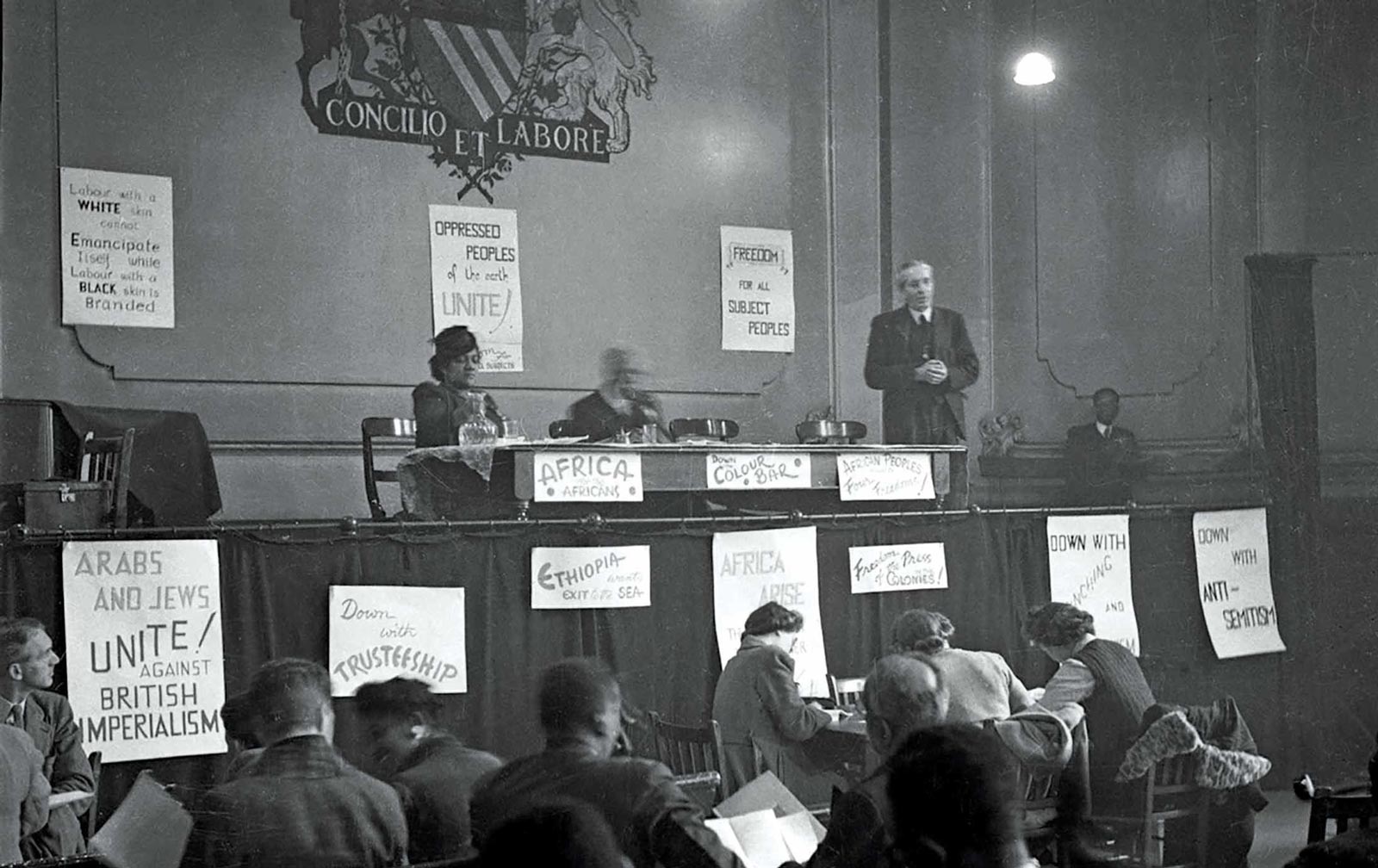 The Fifth Pan-African Congress, held in Manchester, 15–21 October 1945. The speaker is John McNair, General Secretary of the Independent Labour Party.
