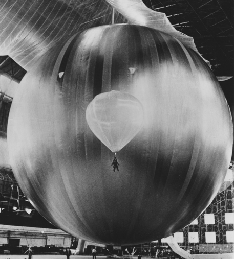 Inspecting prototype of Echo II communications satellite, Lakehurst, NJ, 1963; image courtesy of a private collection (AP wire image)