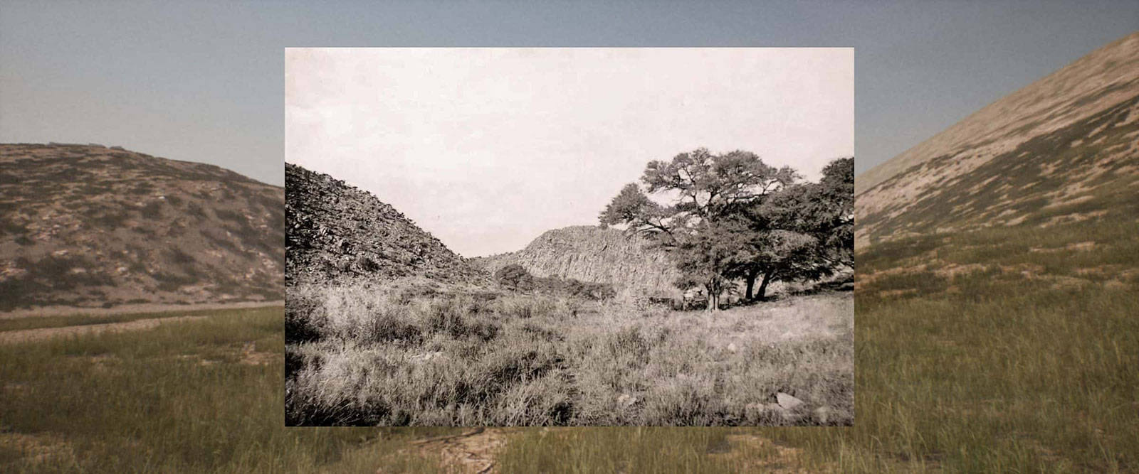 An eighteen ninety-seven photograph of grasslands in the Hatsamas region of Namibia overlaid on a twenty twenty-five image of the same location. The juxtaposition confirms Indigenous accounts of the impact of colonialism on the vegetation in the area.
