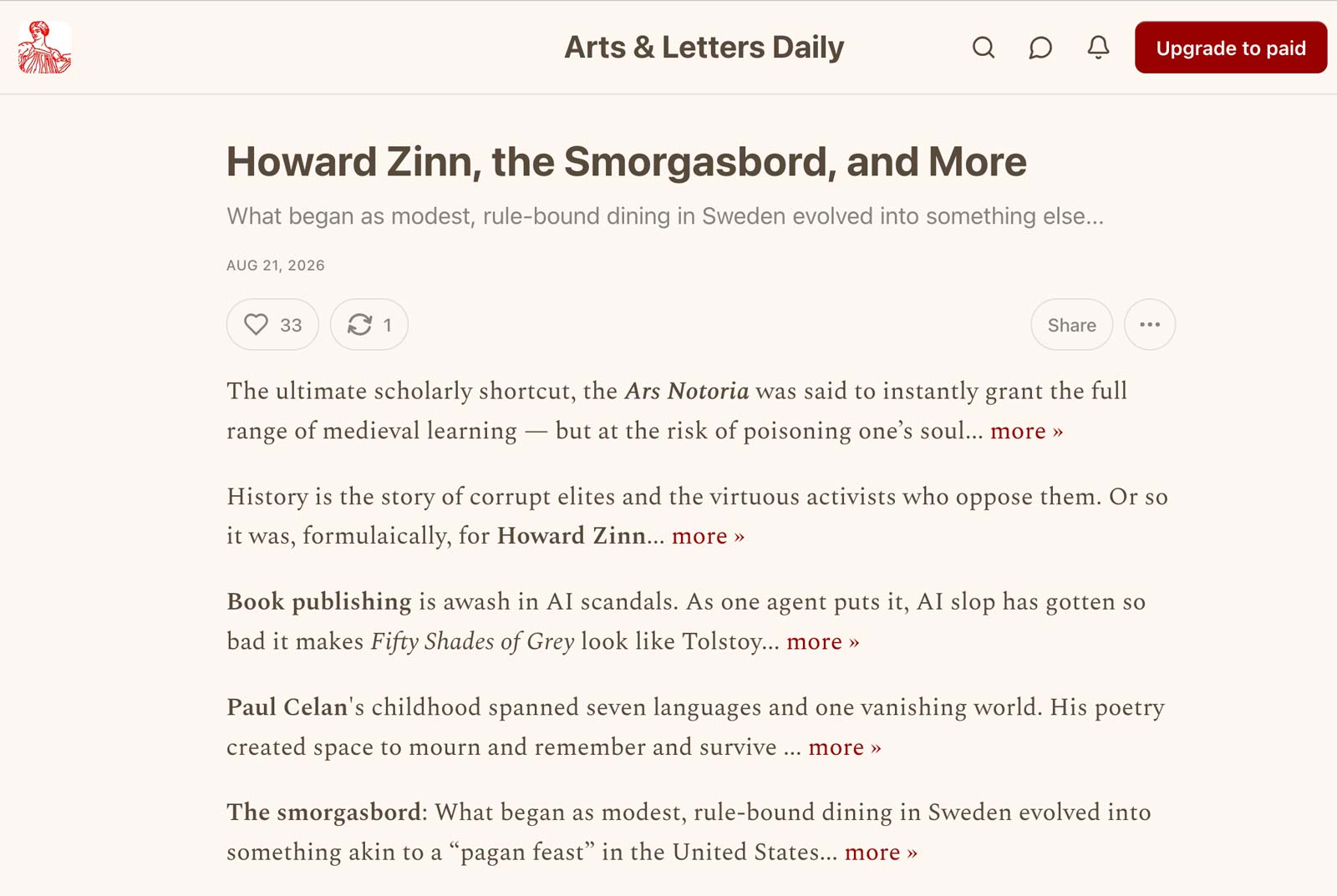 Screenshot of the Arts and Letters Daily newsletter recommending Cabinet’s article on the smorgasbord.