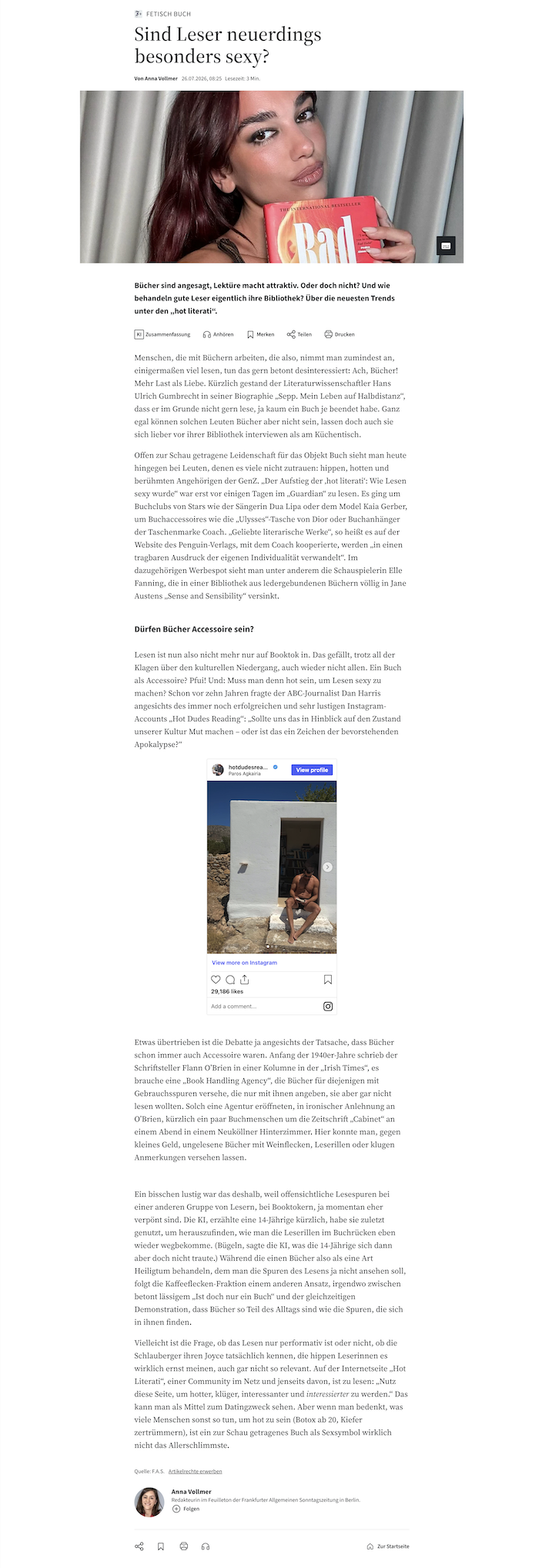 Frankfurter Allgemeine article titled ‘Literatur als Fetisch: Sind Leser neuerdings besonders sexy?’
The top photo shows Dua Lipa holding a book from her book club.