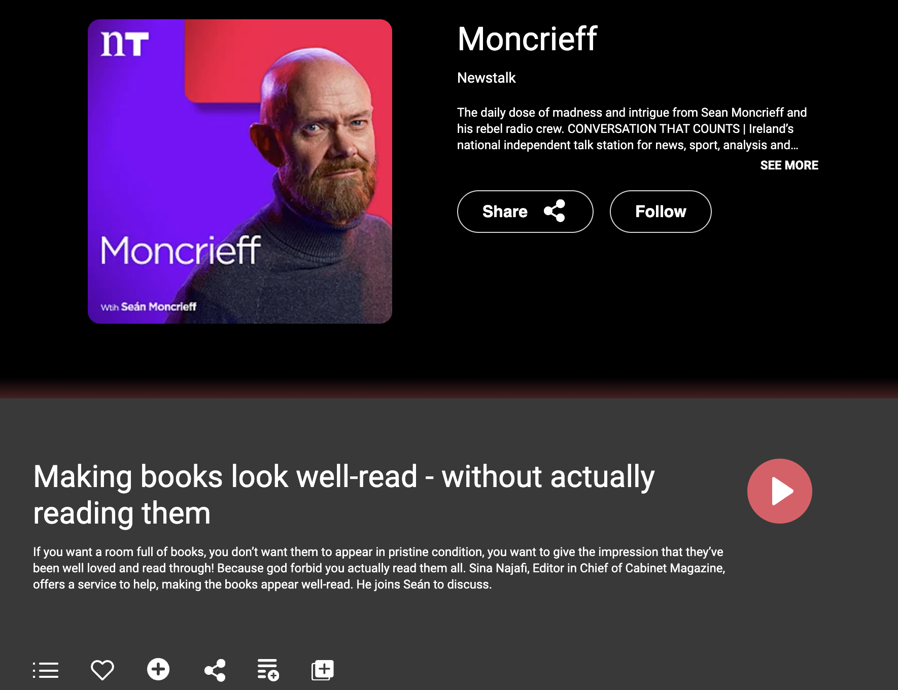 Screenshot from the podcasting platform with a description of Sean Moncrieff’s show, as well as a description of the Book Handling Agency episode.