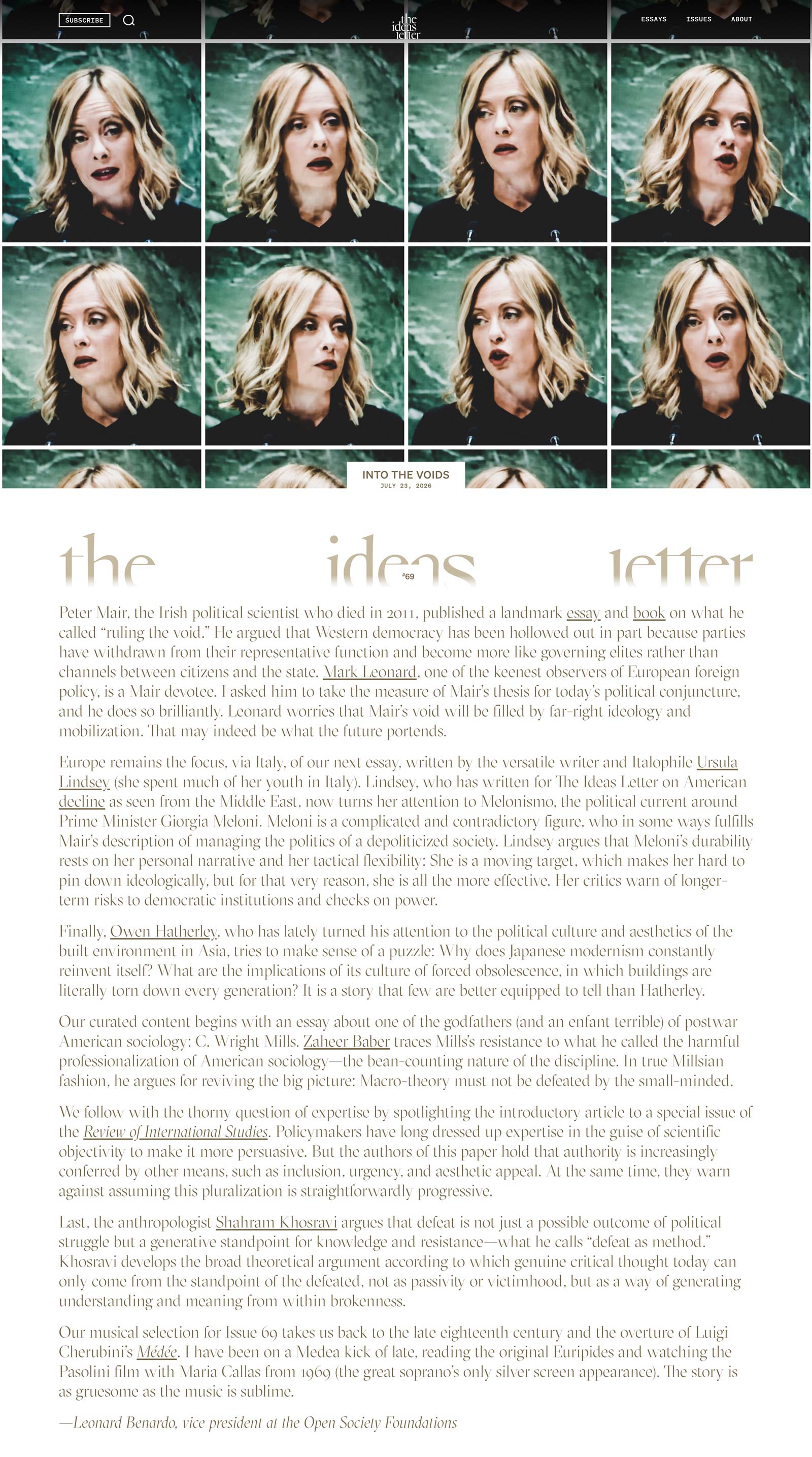 Screenshot of Leonard Benardo’s issue 69 editorial for “The Ideas Letter,” titled “Into the Voids,” mentioning Shahram Khosravi’s “Defeat as Method.”