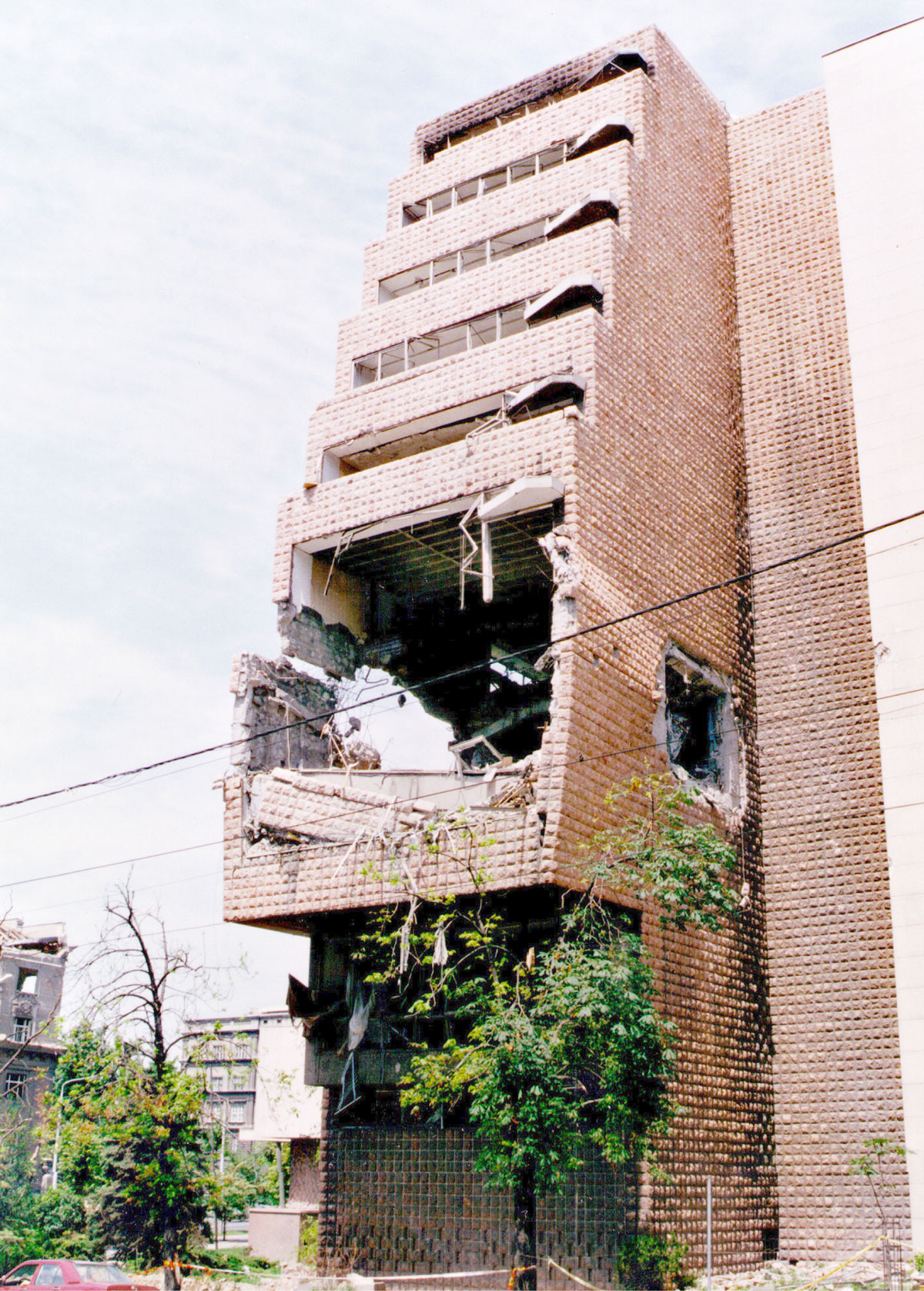 A photograph of a wing of the Serbian Army Headquarters in Belgrade after being damaged by NATO bombing.