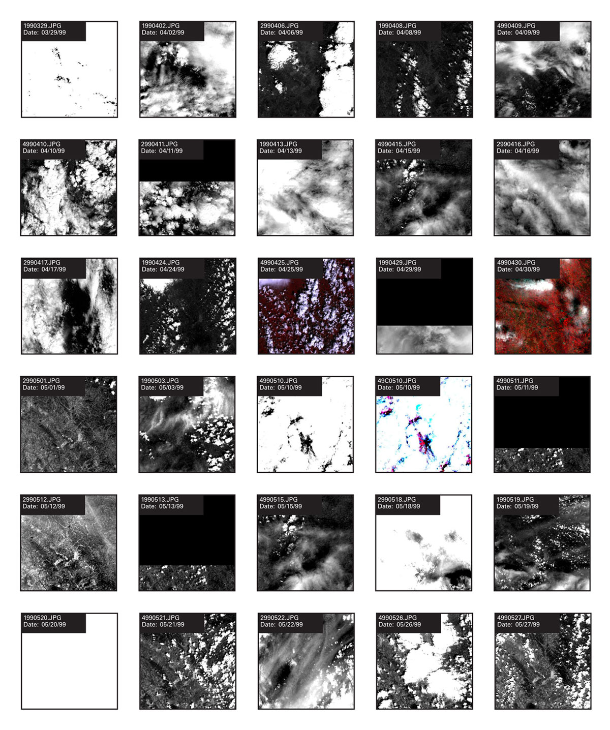 Images recorded by French SPOT satellites over Kosovo on days from late March to late May 1999. 