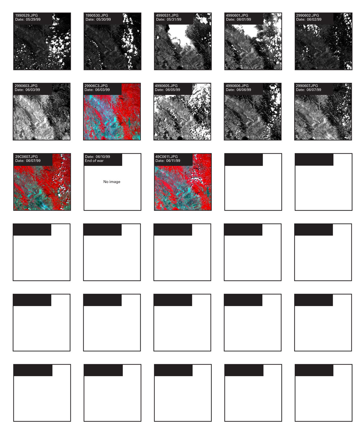 Images recorded by French SPOT satellites over Kosovo on days from late May to mid-June 1999.