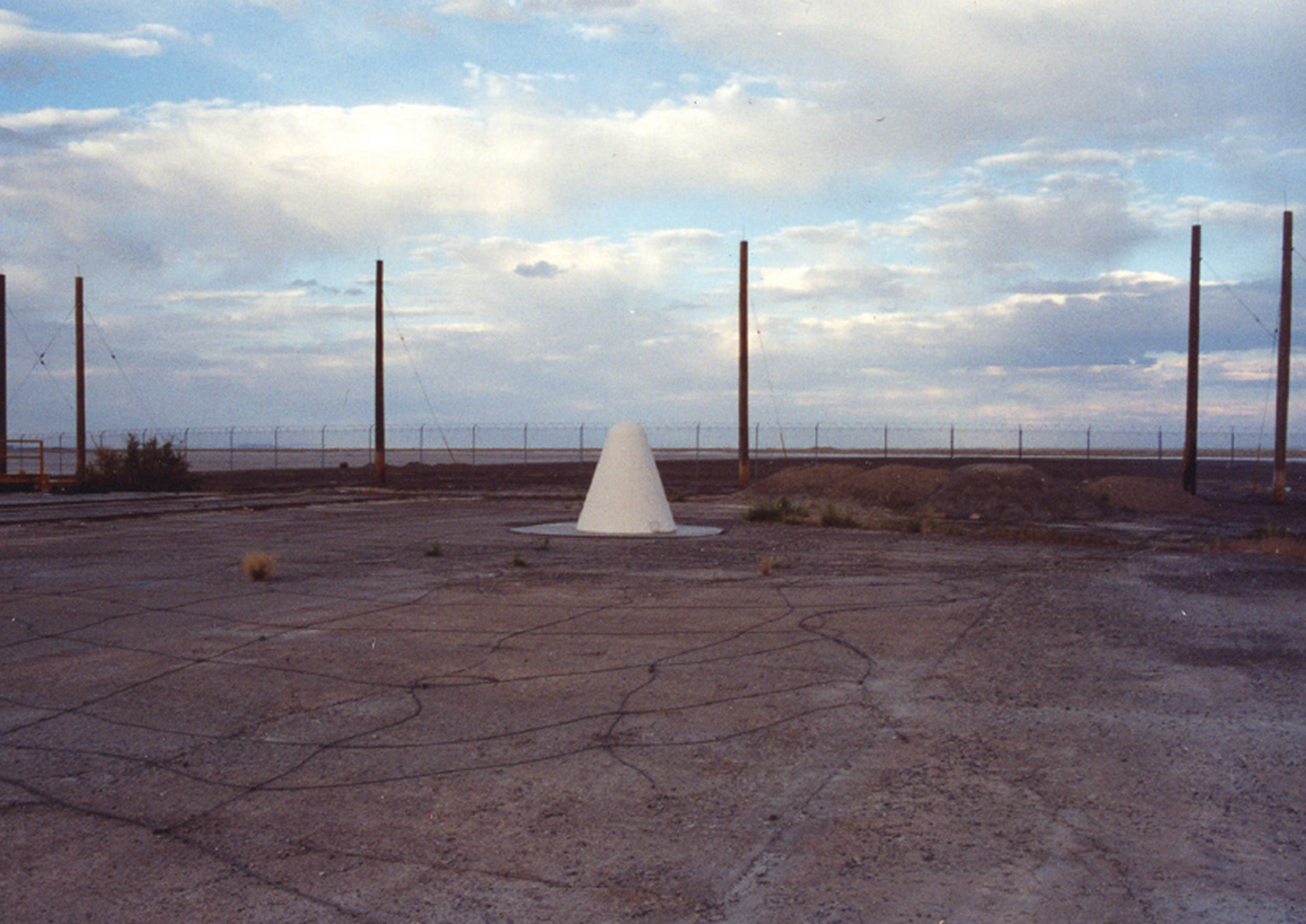 A photograph of lightning test cement lot, with rocket nose cone.