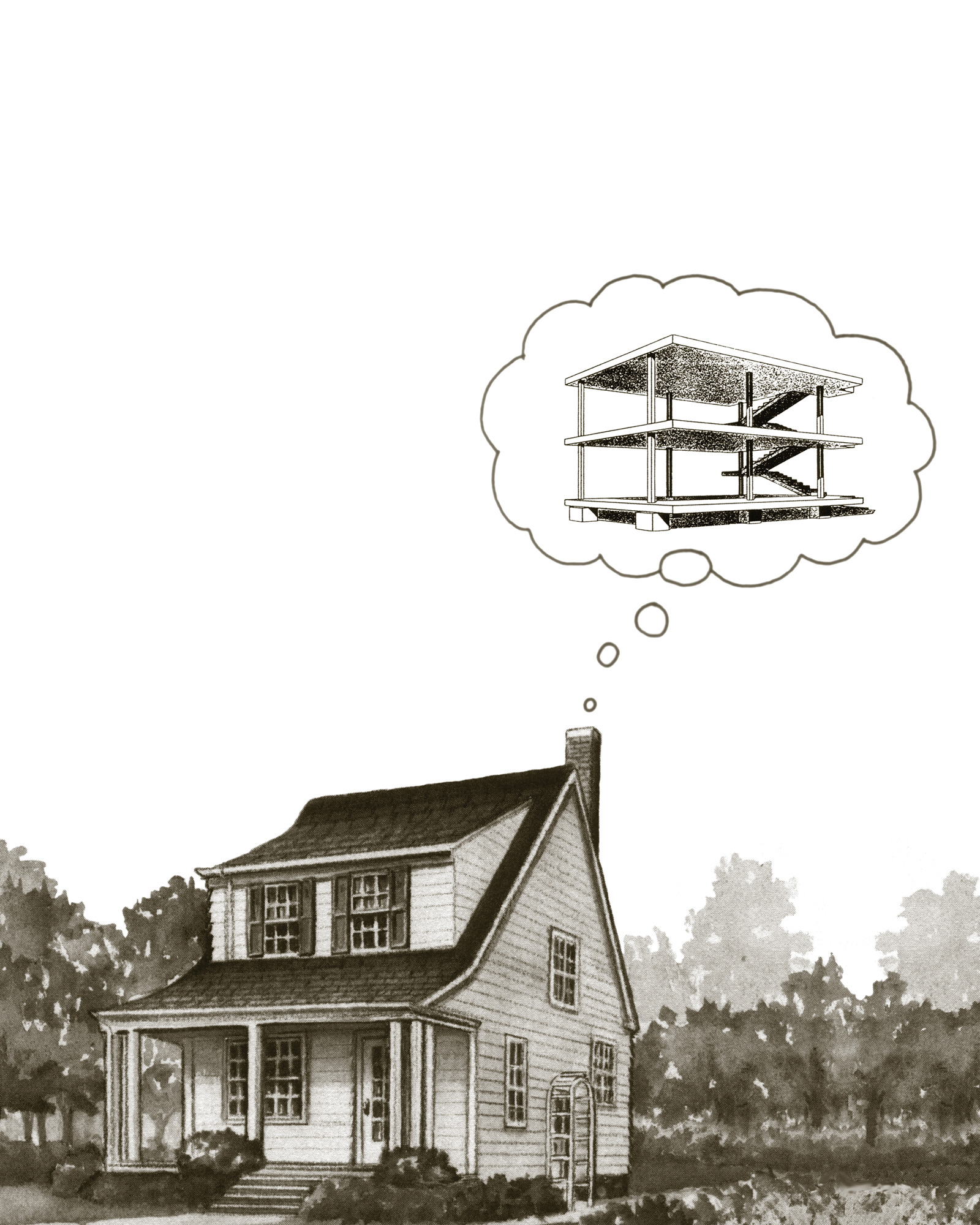 A two thousand two illustration by Peter Dudek titled “House Dreaming Domino,” of a house with a thought bubble containing an internal structure of a house.