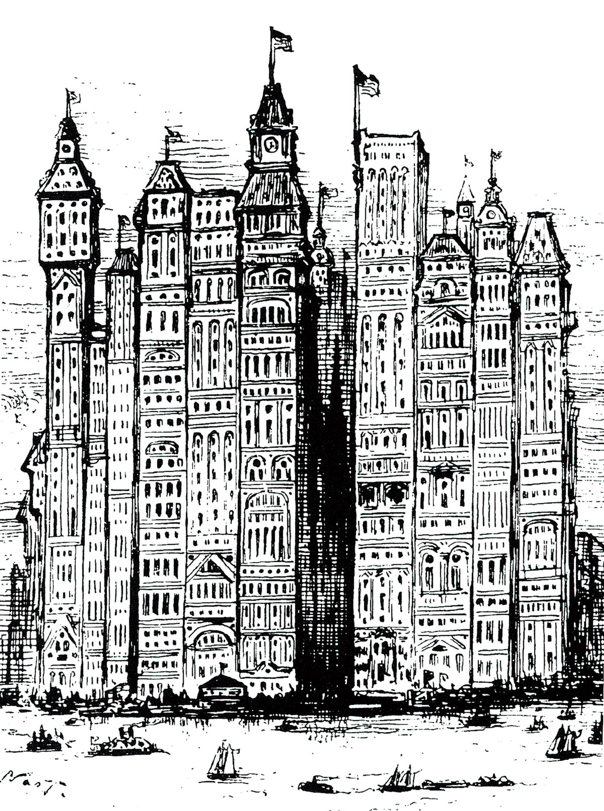 A Thomas Nast print of tall buildings in lower Manhattan, 1881.