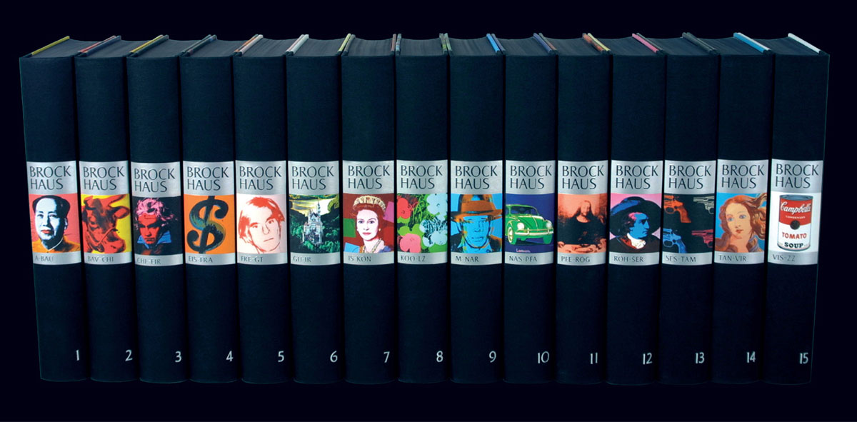 Warhol-printed spines of the fifteen-volume Brockhaus “Warhol” Encyclopedia, published 2001.