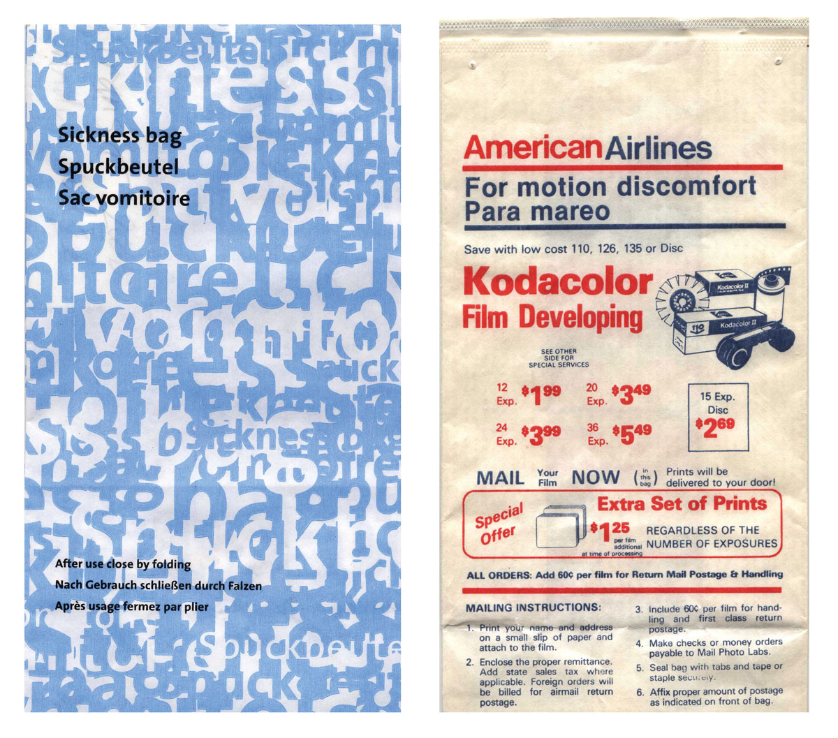 A photograph of a blue airsickness bag to the left of a red and cream colored Kodacolor branded airsickness bag.