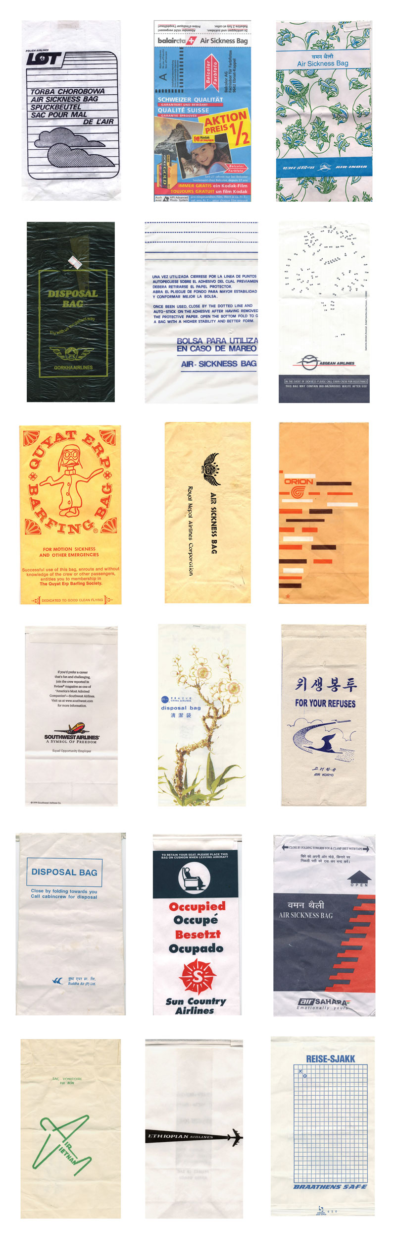 A photograph of a collection of air sickness bags from different international airlines.